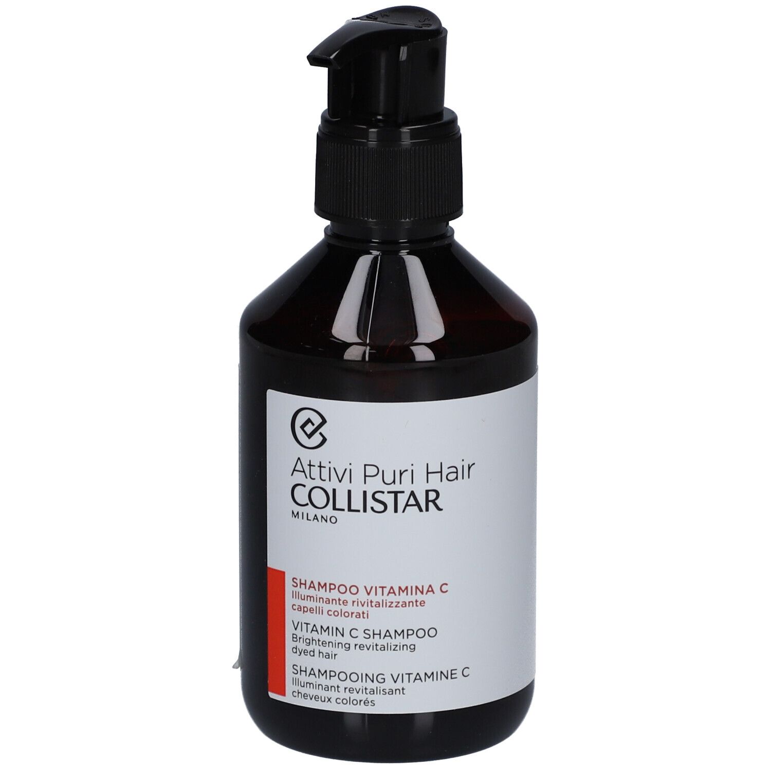 Flacone marrone con dosatore nero. Etichetta con nome e testo del prodotto. Shampoo per capelli colorati.