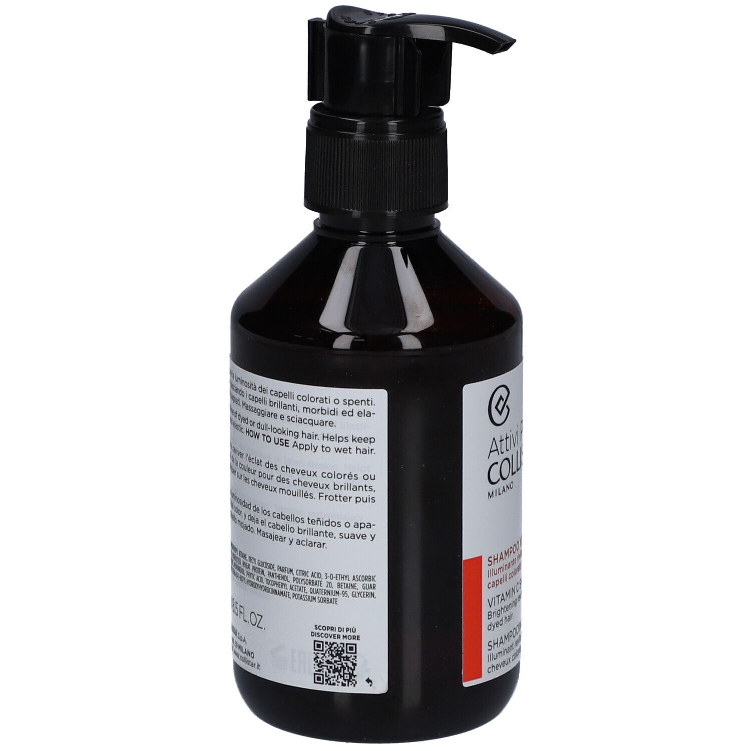 Flacone marrone con dosatore nero. Retro con testo. Shampoo per capelli colorati.