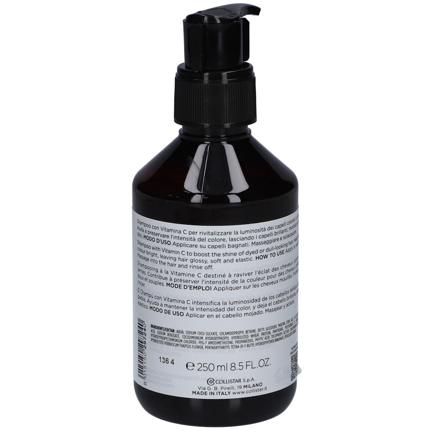 Flacone marrone con dosatore nero. Retro con testo e indicazione del volume. Shampoo.