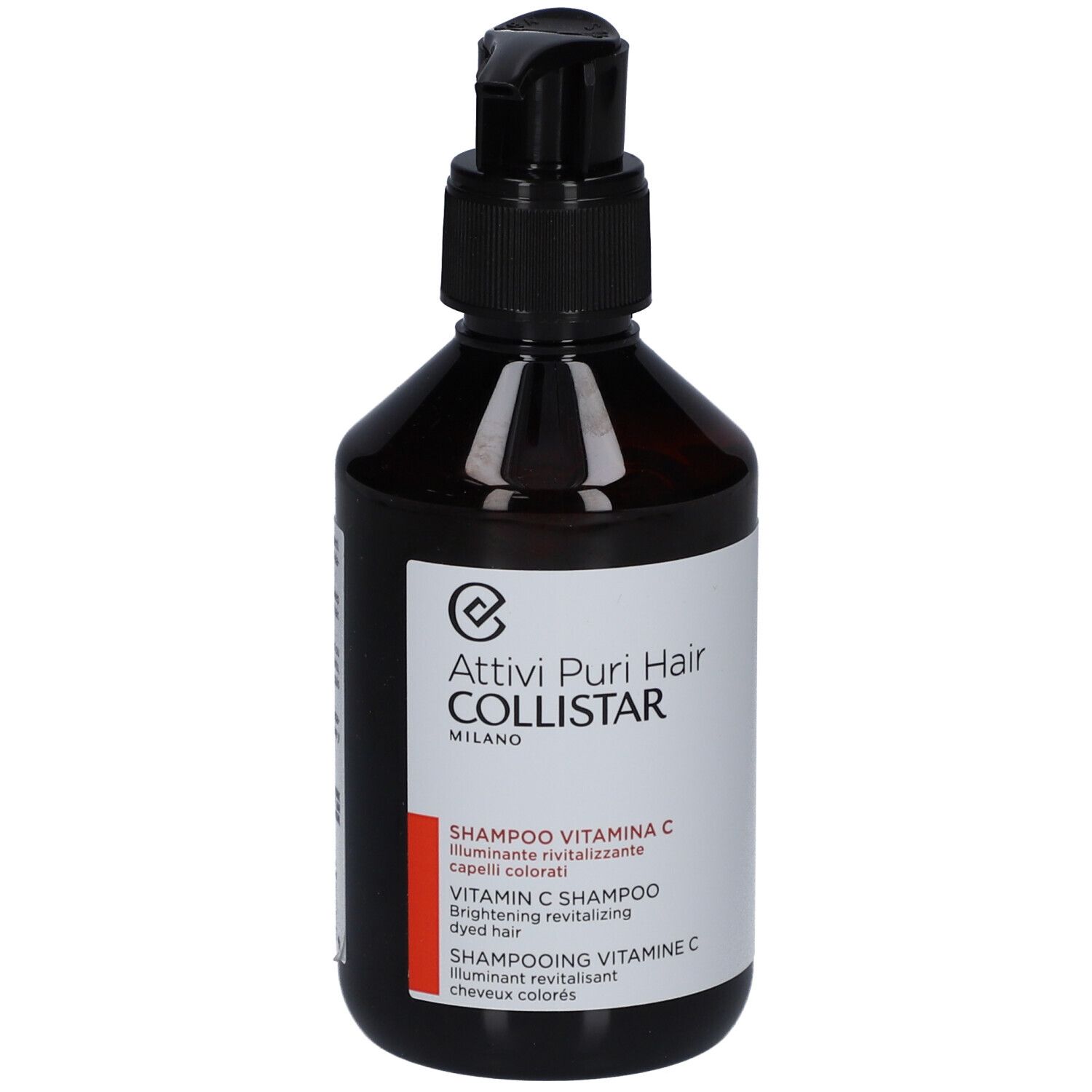 Flacone marrone con dosatore nero. Etichetta con nome e testo del prodotto. Shampoo per capelli colorati.