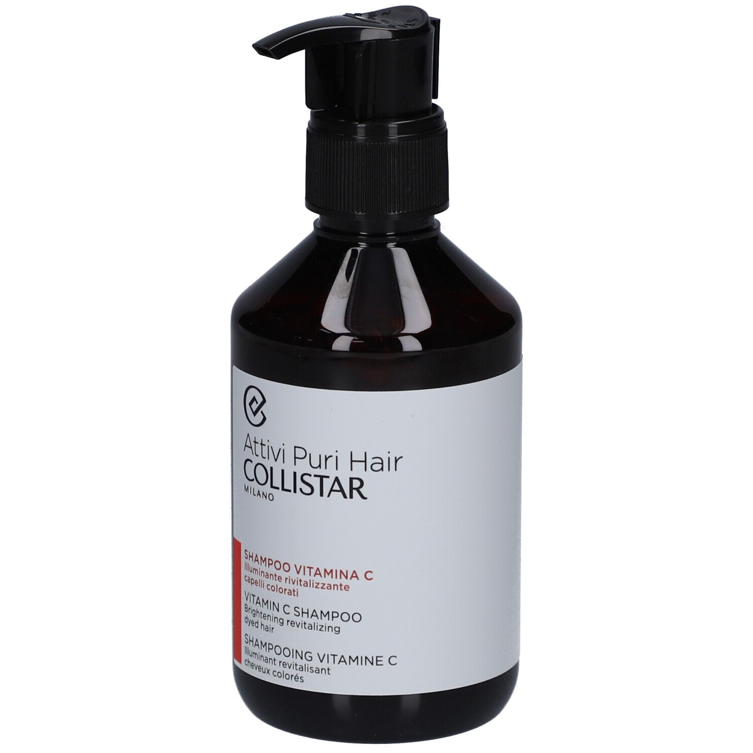 Flacone marrone con dosatore nero. Etichetta con nome e testo del prodotto. Shampoo per capelli colorati.