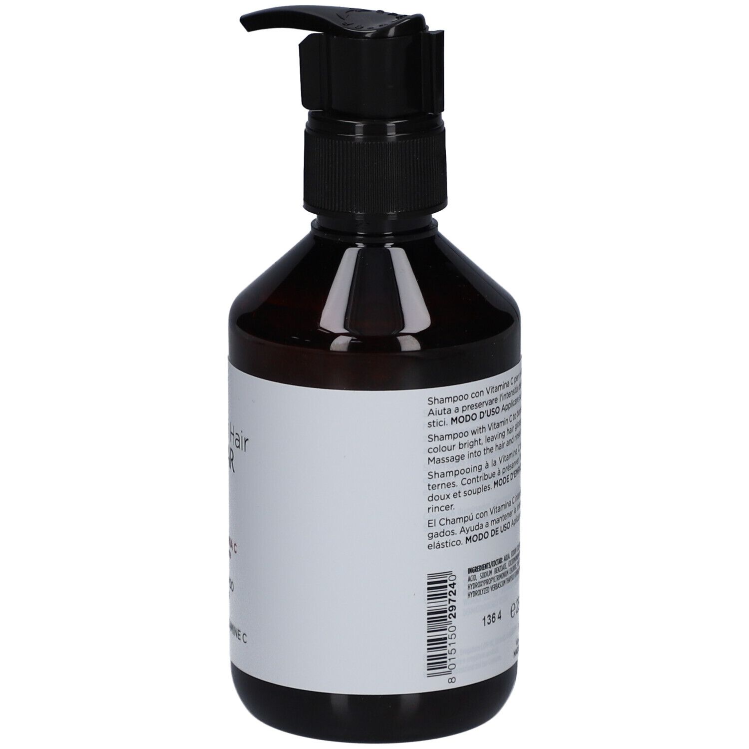 Flacone marrone con dosatore nero. Retro con testo. Shampoo per capelli colorati.