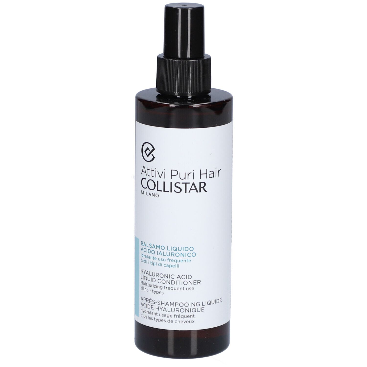 Flacone marrone con vaporizzatore nero. Scritte: Attivi Puri Hair, Balsamo Liquido, Acido Ialuronico, Hyaluronic Acid Liquid Conditioner.