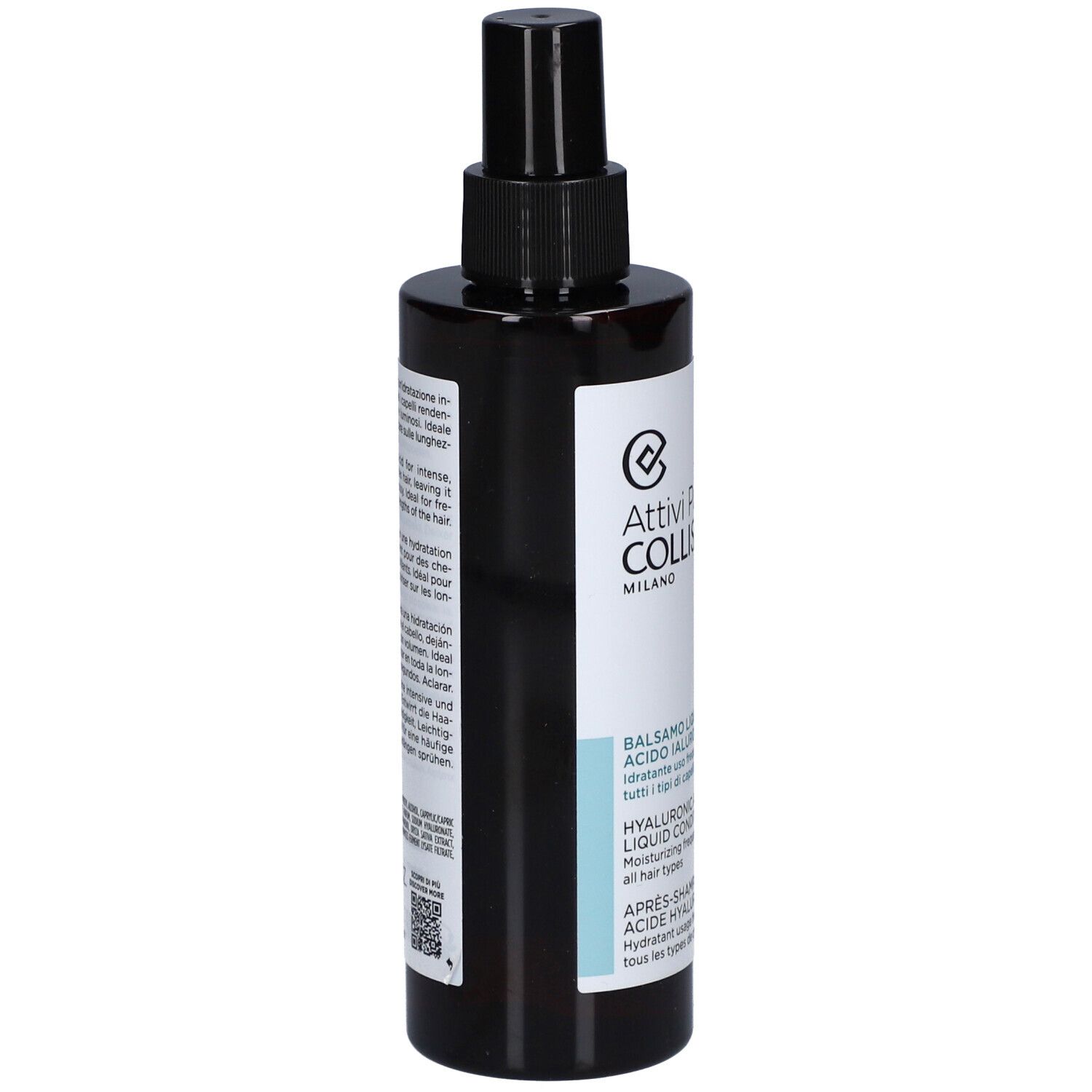 Flacone marrone con vaporizzatore nero. Scritte: Attivi Puri Hair, Balsamo Liquido, Acido Ialuronico, Hyaluronic Acid Liquid Conditioner.