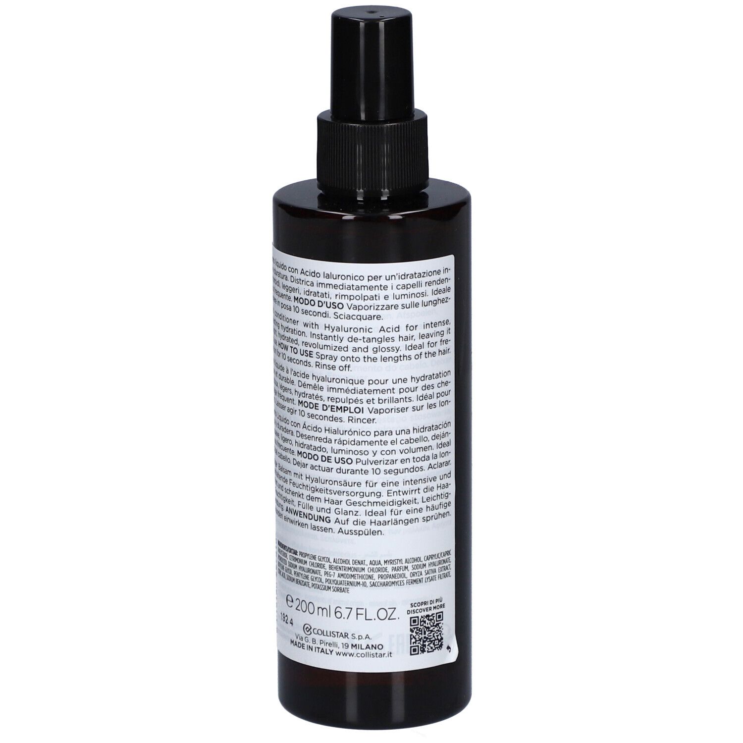Flacone marrone con vaporizzatore nero. Scritte: Attivi Puri Hair, Balsamo Liquido, Acido Ialuronico, Hyaluronic Acid Liquid Conditioner.