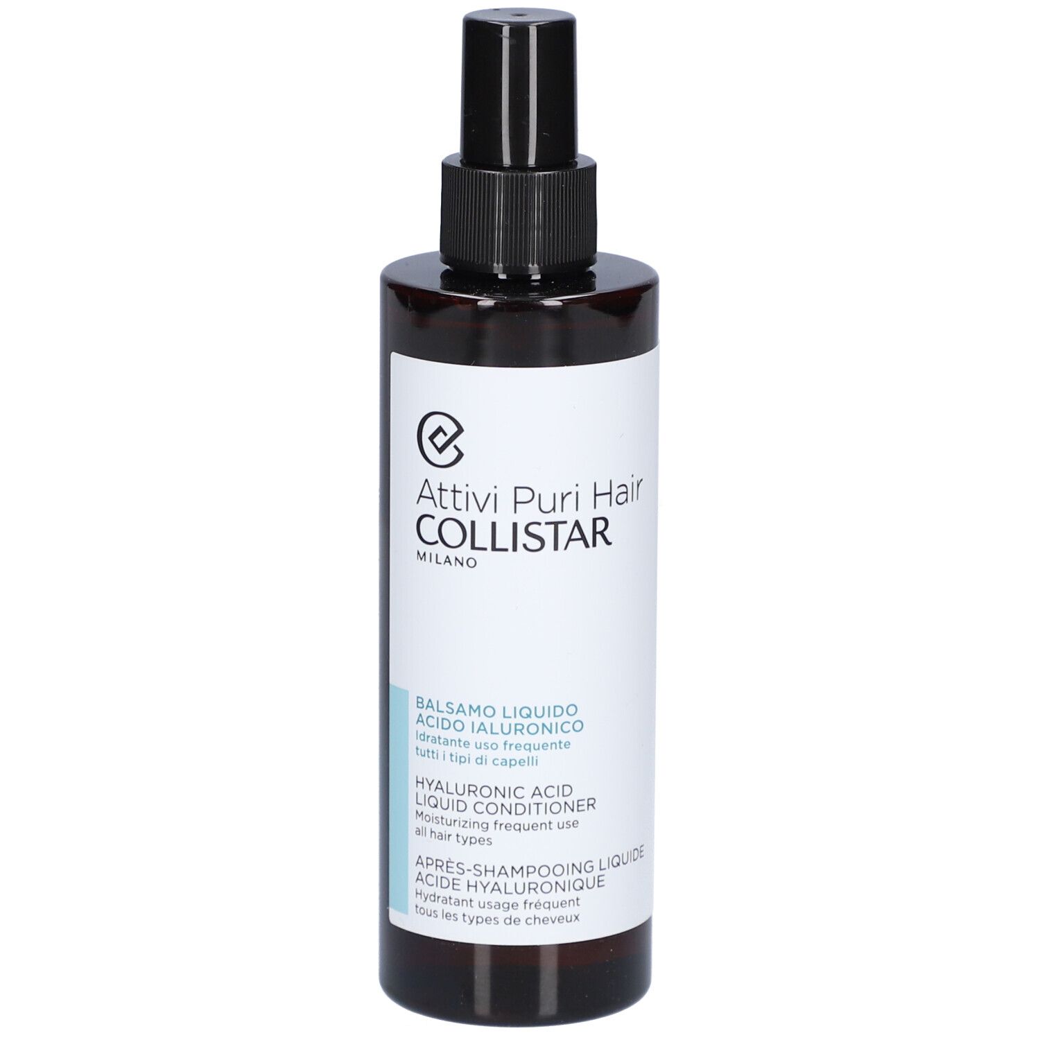 Flacone marrone con vaporizzatore nero. Scritte: Attivi Puri Hair, Balsamo Liquido, Acido Ialuronico, Hyaluronic Acid Liquid Conditioner.