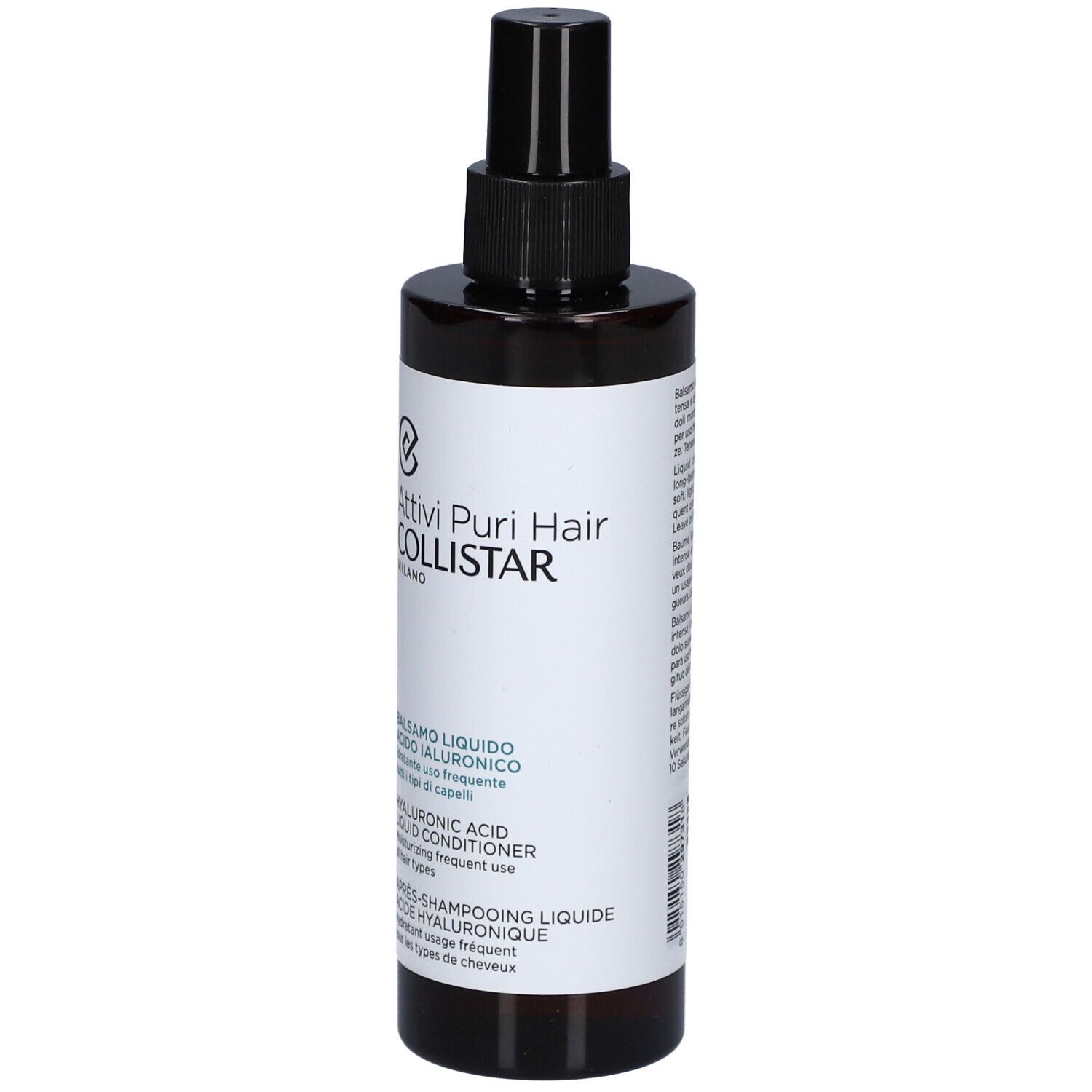 Flacone marrone con vaporizzatore nero. Scritte: Attivi Puri Hair, Balsamo Liquido, Acido Ialuronico, Hyaluronic Acid Liquid Conditioner.