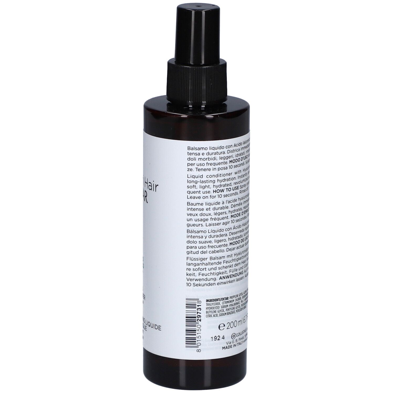 Flacone marrone con vaporizzatore nero. Scritte: Attivi Puri Hair, Balsamo Liquido, Acido Ialuronico, Hyaluronic Acid Liquid Conditioner.