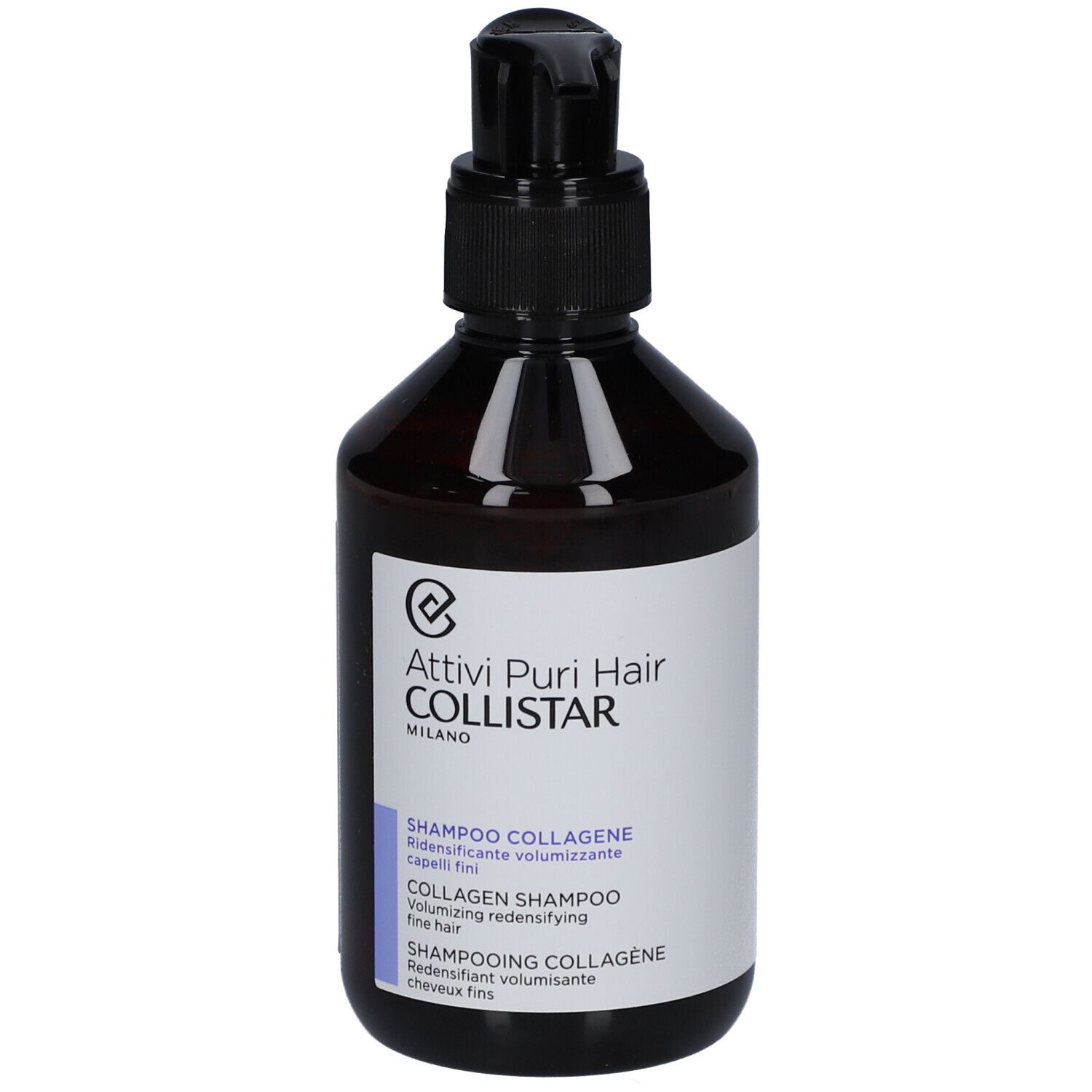 Flacone marrone con dosatore nero. Scritta: Attivi Puri Hair Collistar. Shampoo Collagene.