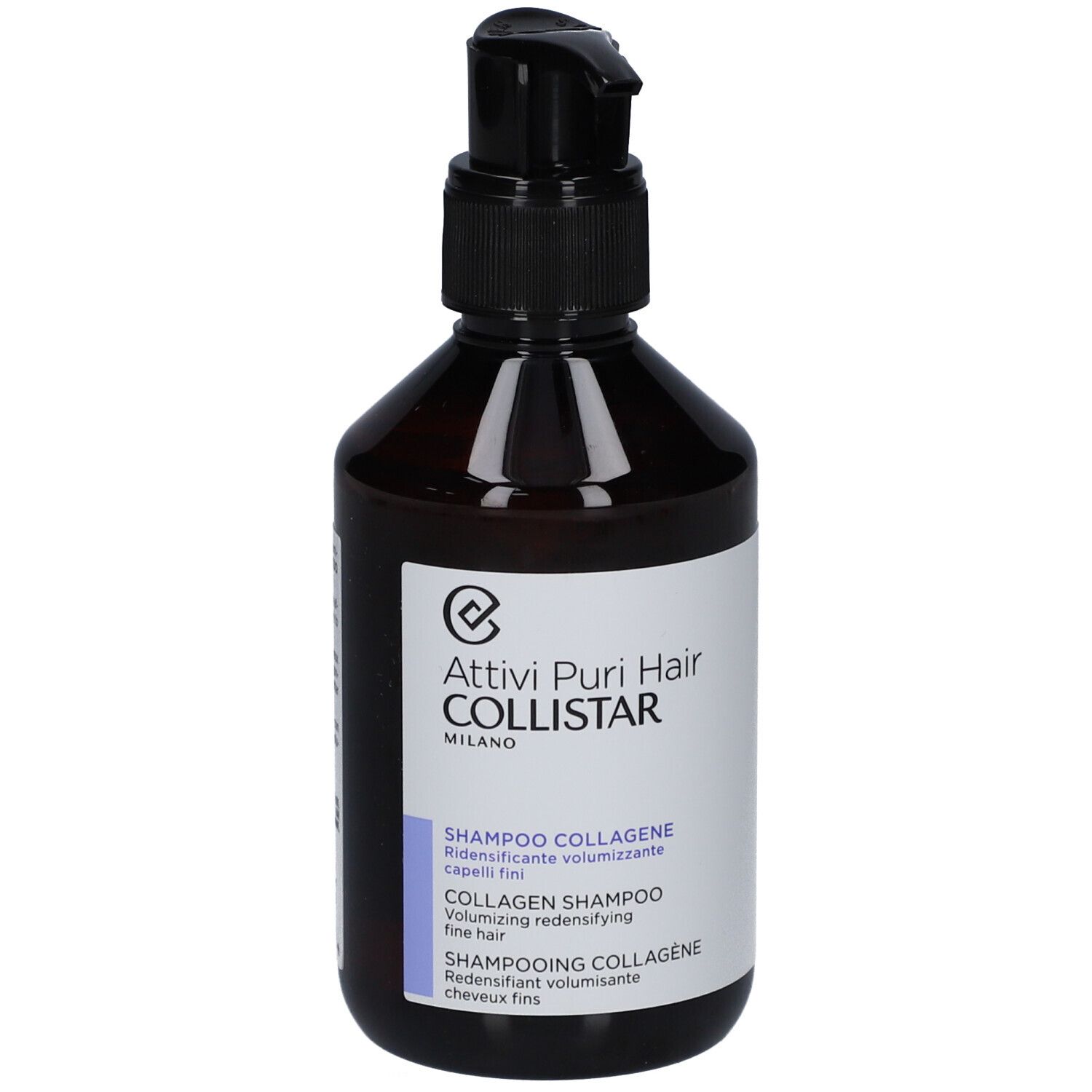 Flacone marrone con dosatore nero. Scritta: Attivi Puri Hair Collistar. Shampoo Collagene.