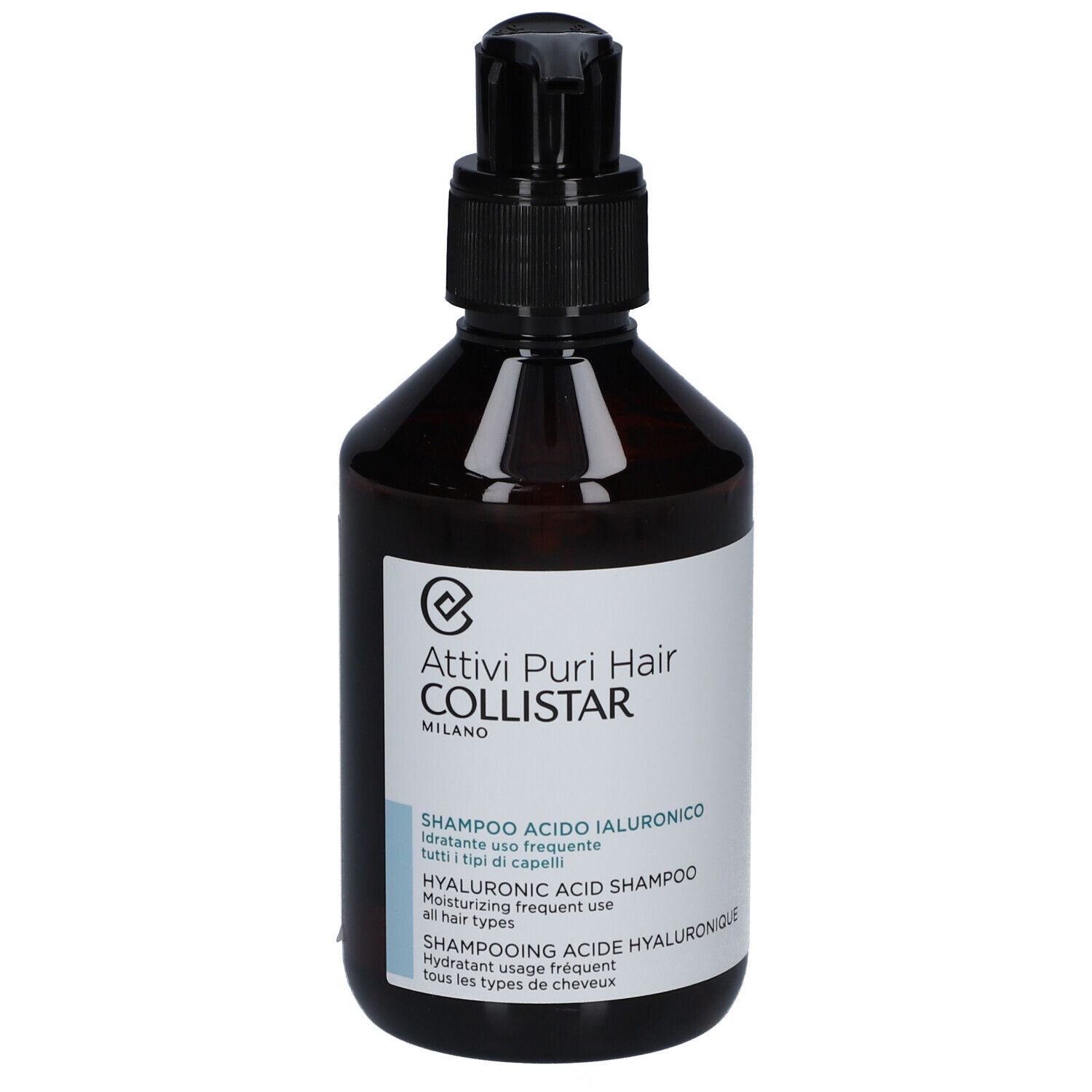 Flacone marrone con dosatore nero. Scritta: Attivi Puri Hair Collistar, Shampoo Acido Ialuronico.