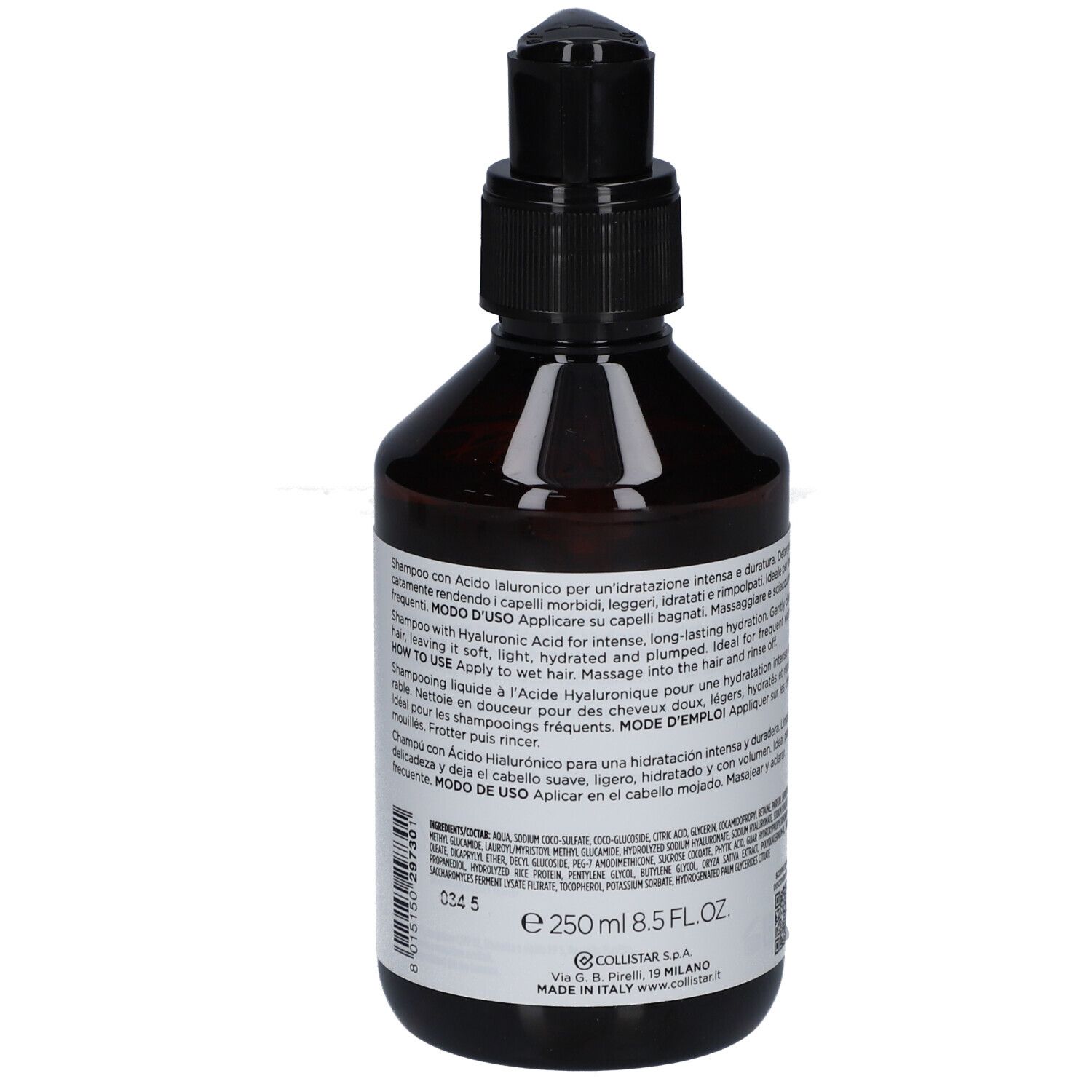 Flacone marrone con dosatore nero. Scritta e testo in italiano. Volume: 250 ml.