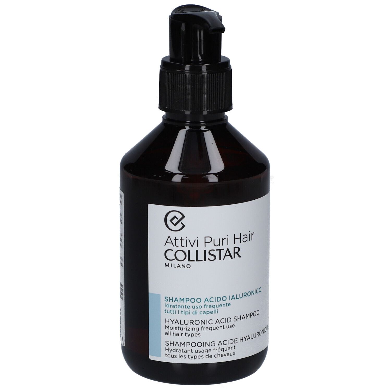 Flacone marrone con dosatore nero. Scritta: Attivi Puri Hair Collistar, Shampoo Acido Ialuronico.