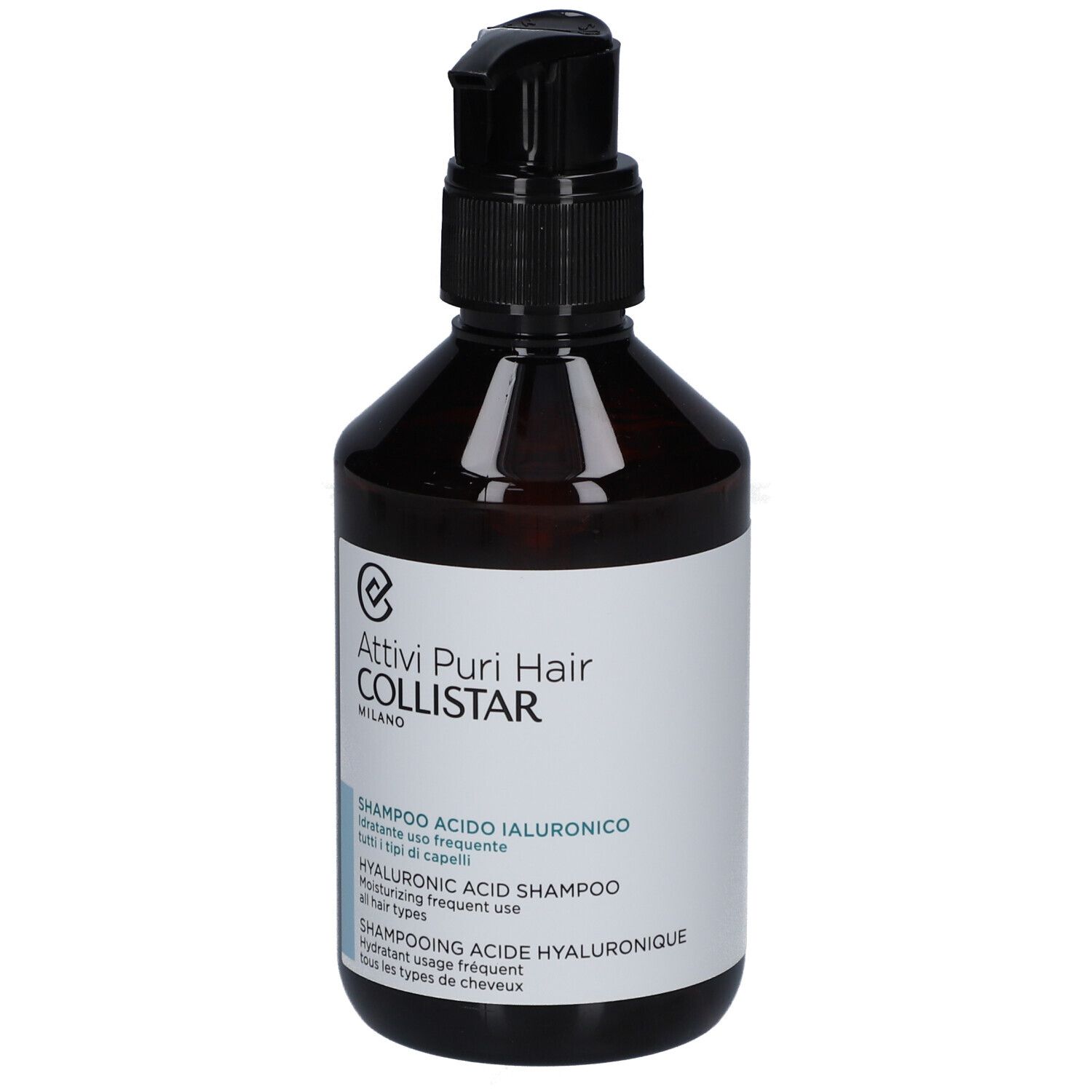 Flacone marrone con dosatore nero. Scritta: Attivi Puri Hair Collistar, Shampoo Acido Ialuronico.