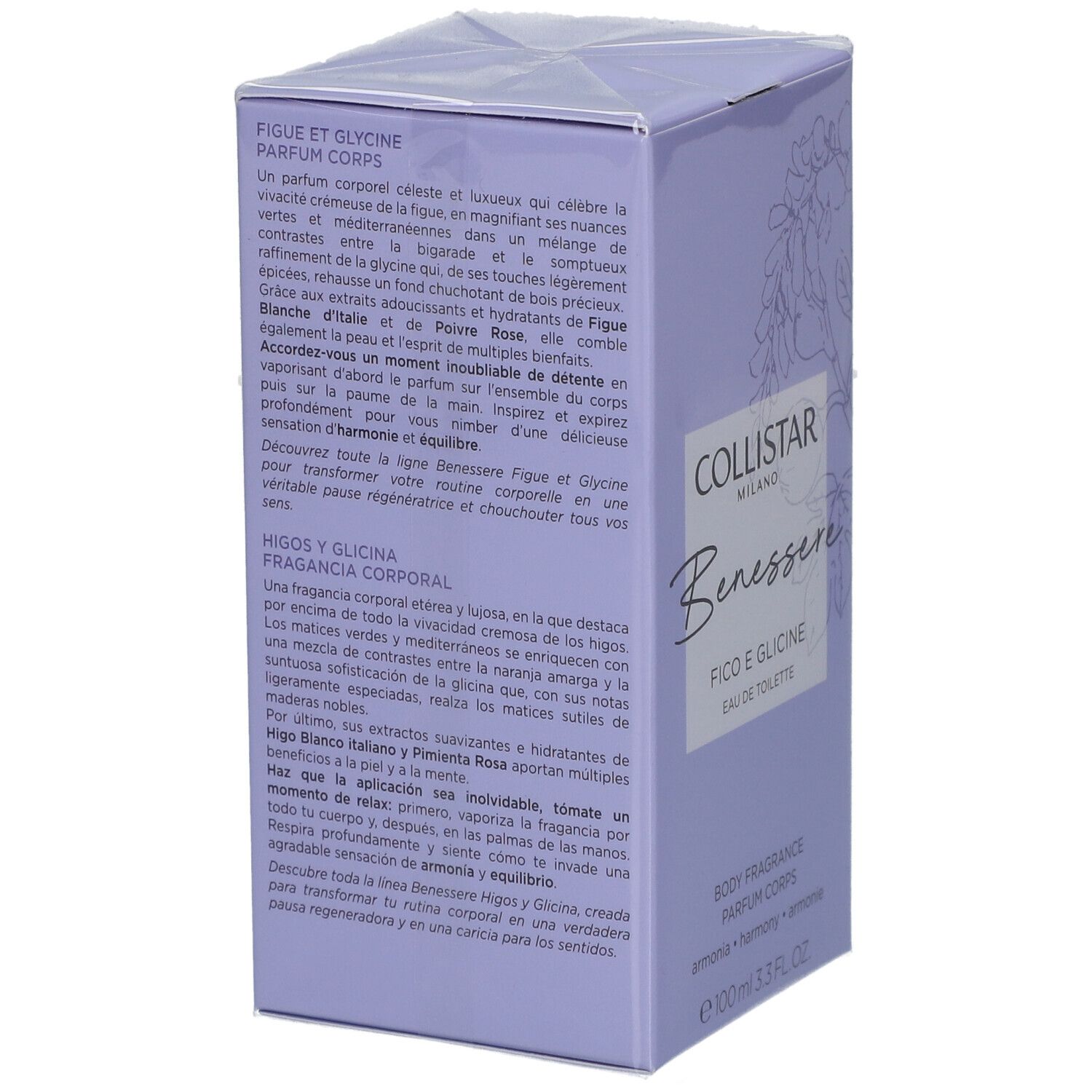Scatola Collistar, lilla. Testo: Fico e Glicine, Eau de Toilette. Testo in tedesco, francese, italiano, inglese.