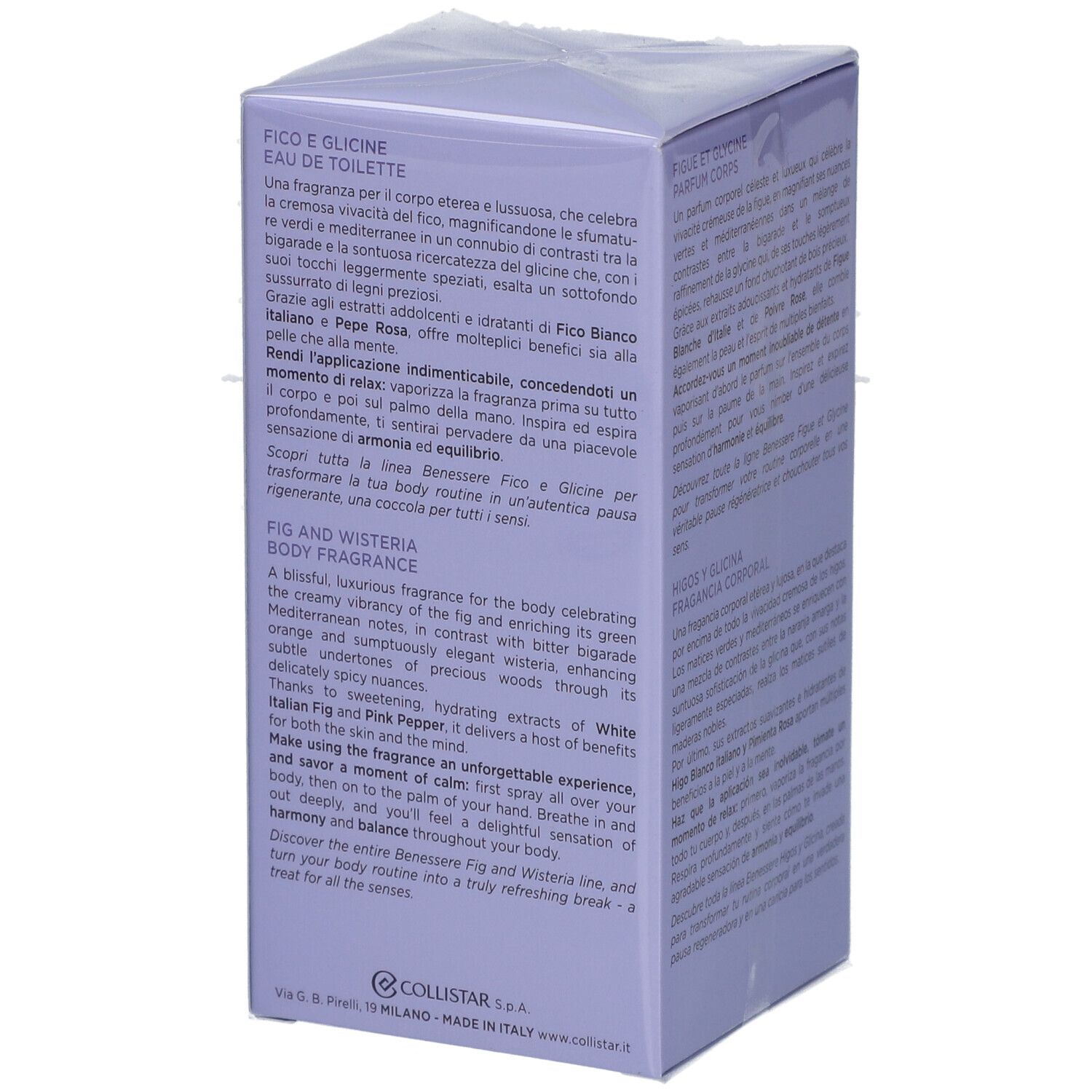Scatola Collistar, lilla. Testo: Fico e Glicine, Eau de Toilette. Testo in tedesco, francese, italiano, inglese.