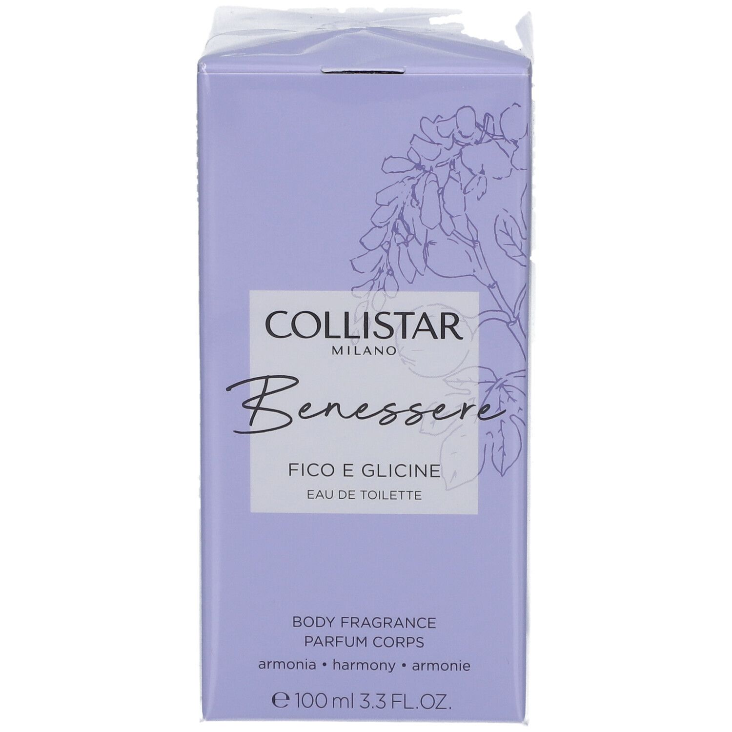 Confezione Collistar lilla chiaro. Testo: Benessere, Fico e Glicine, Eau de Toilette. 100 ml. Grafica floreale.