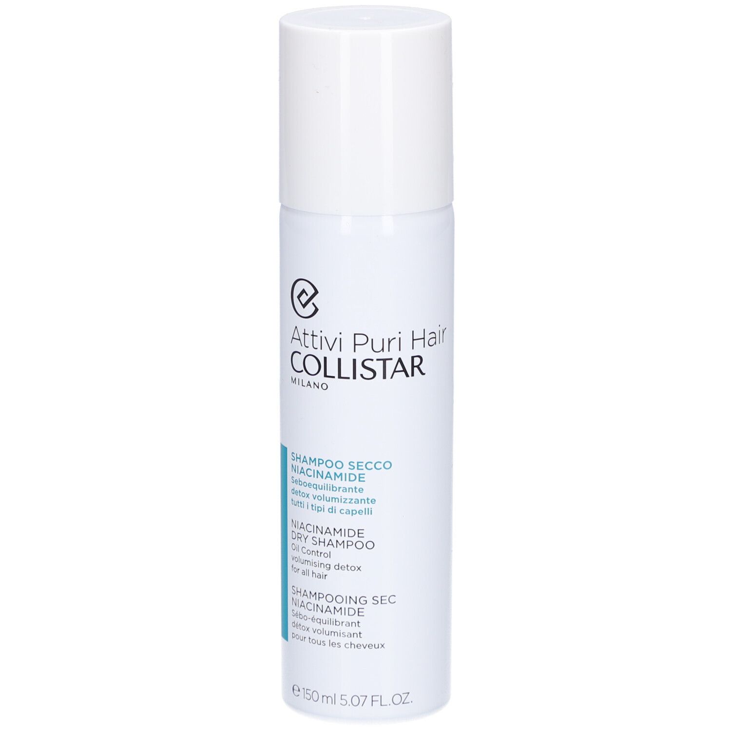 Spray bianco con tappo bianco. Scritta: Collistar, Shampooing Sec Niacinamide.