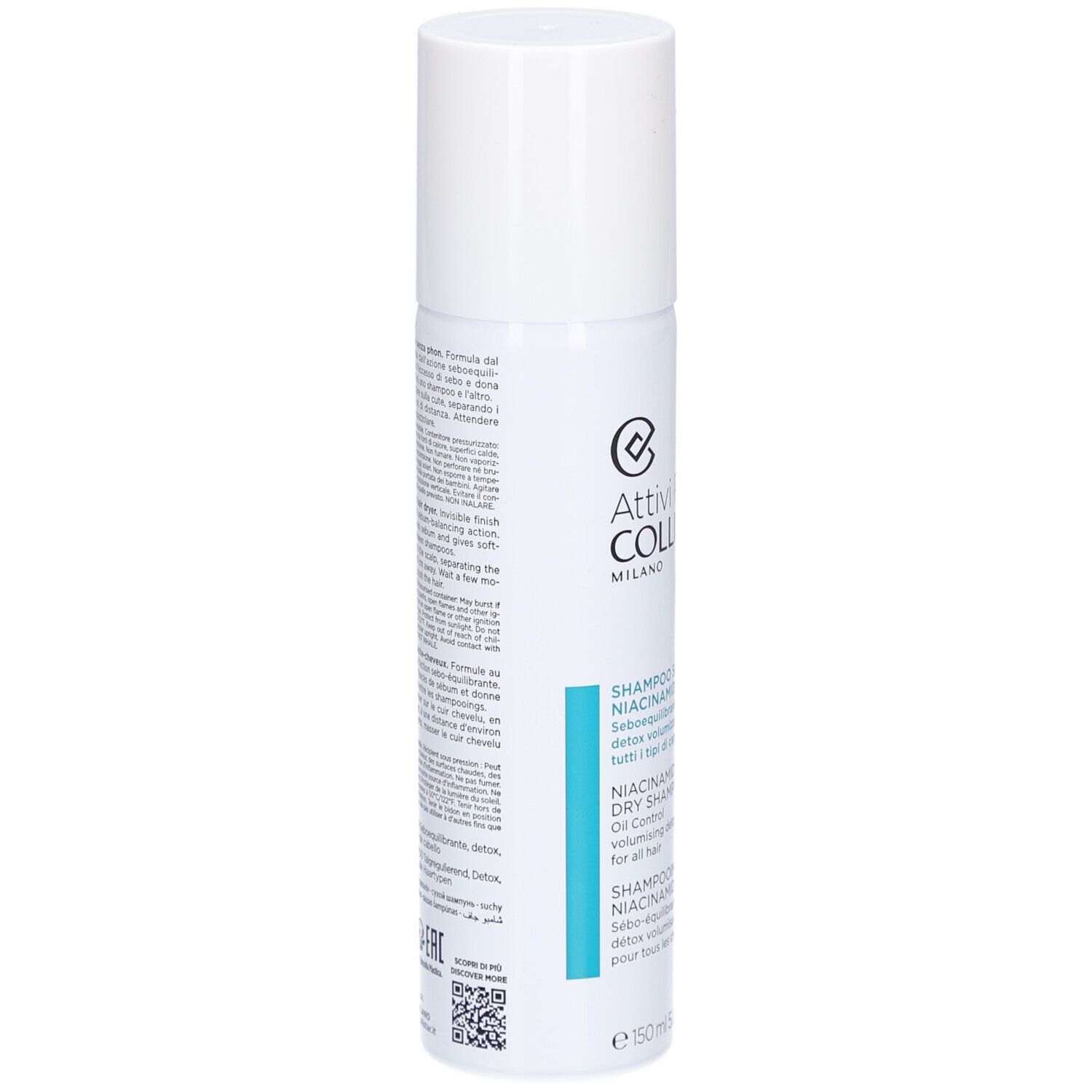 Spray bianco con tappo bianco. Scritta: Collistar, Shampooing Sec Niacinamide.