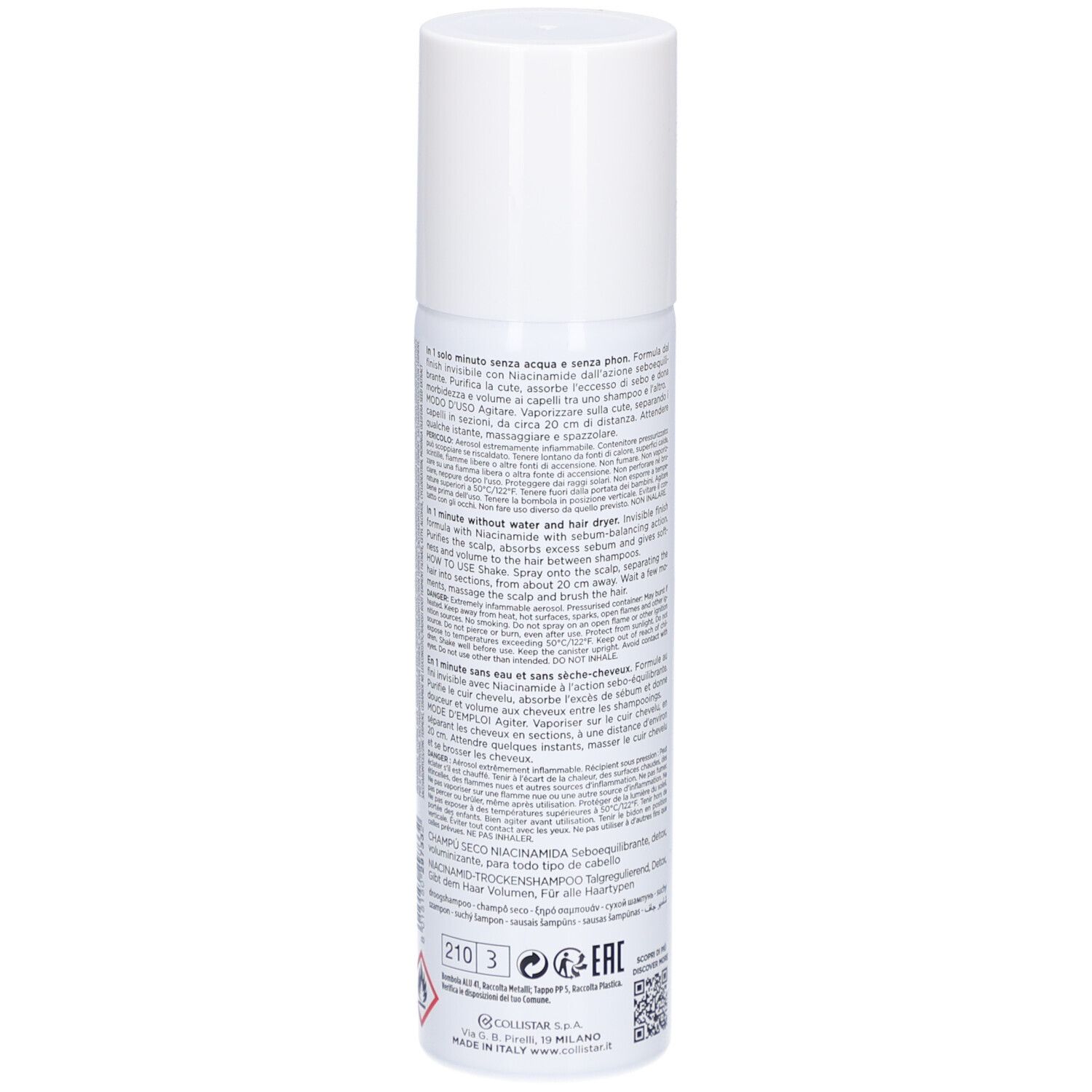 Spray bianco con tappo bianco. Testo sul retro. Scritta: Collistar, Shampooing Sec Niacinamide.