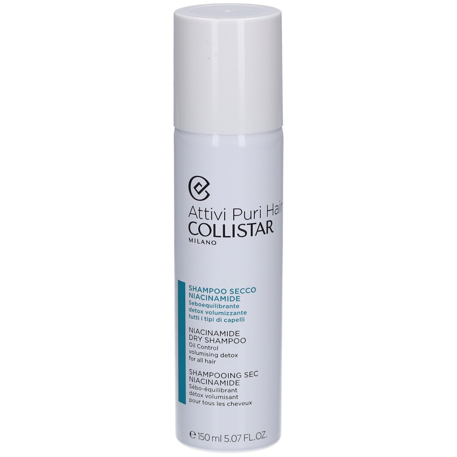 Spray bianco con tappo bianco. Scritta: Collistar, Shampooing Sec Niacinamide.