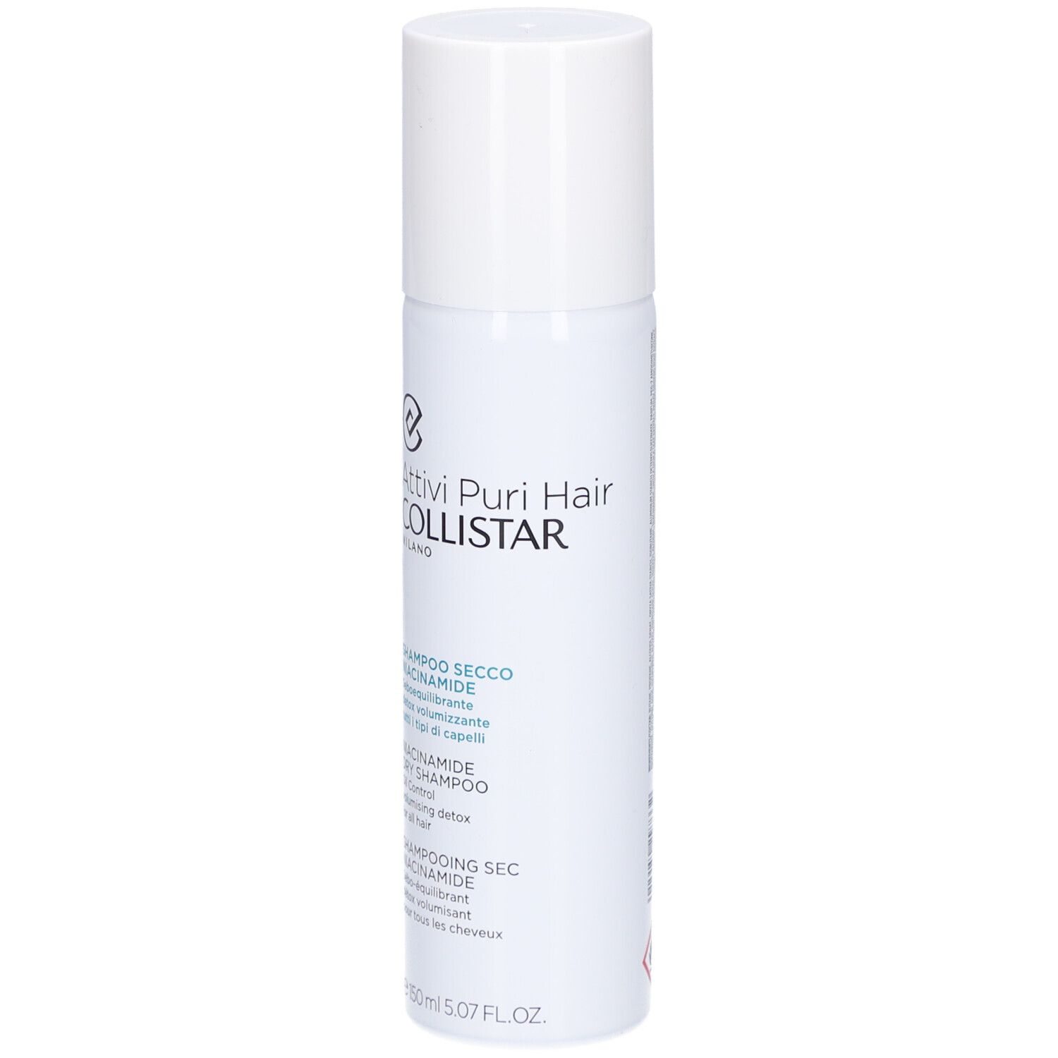 Spray bianco con tappo bianco. Scritta: Collistar, Shampooing Sec Niacinamide.
