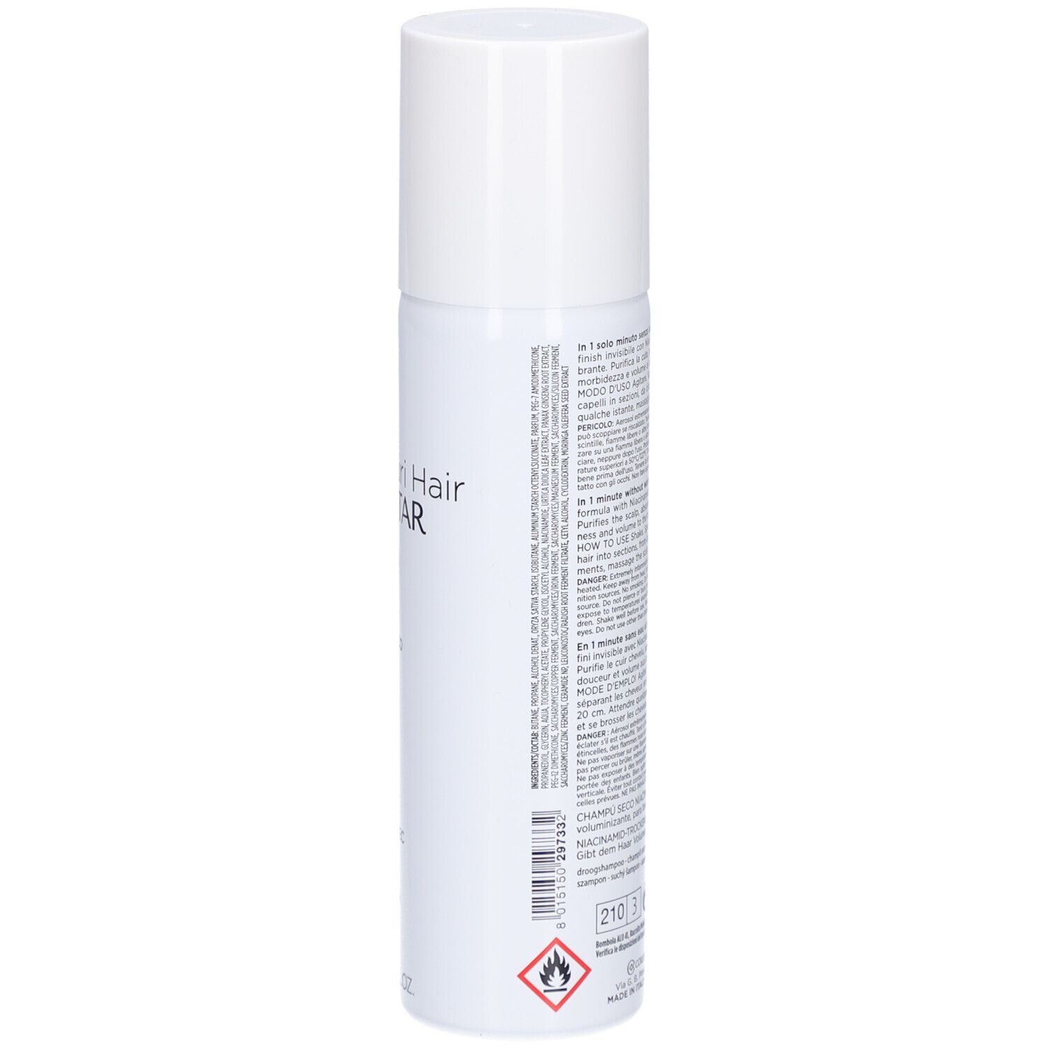 Spray bianco con tappo bianco. Testo sul retro. Scritta: Collistar, Shampooing Sec Niacinamide.
