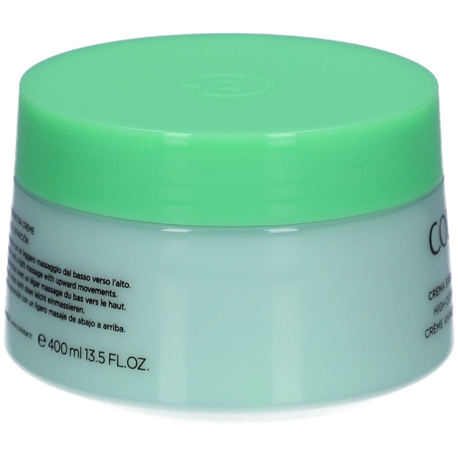 Vasetto verde chiaro con coperchio. Testo multilingue sul lato. Volume: 400 ml.