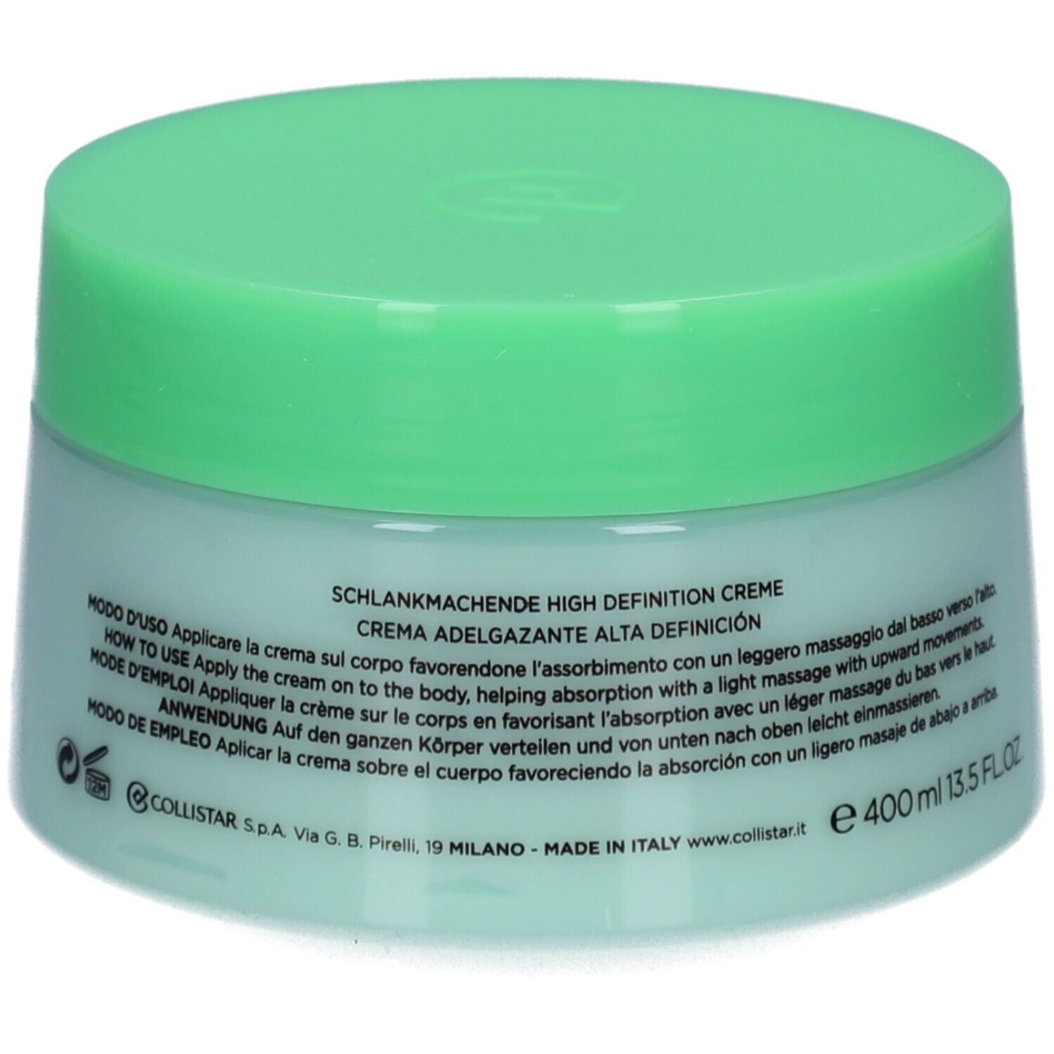 Vasetto verde chiaro con coperchio. Testo multilingue sul lato. Volume: 400 ml.