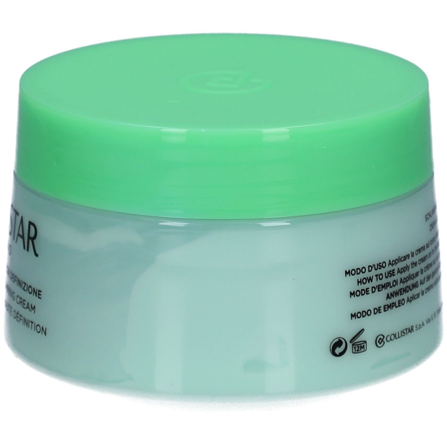 Vasetto verde chiaro con coperchio. Testo multilingue sul lato. Volume: 400 ml.