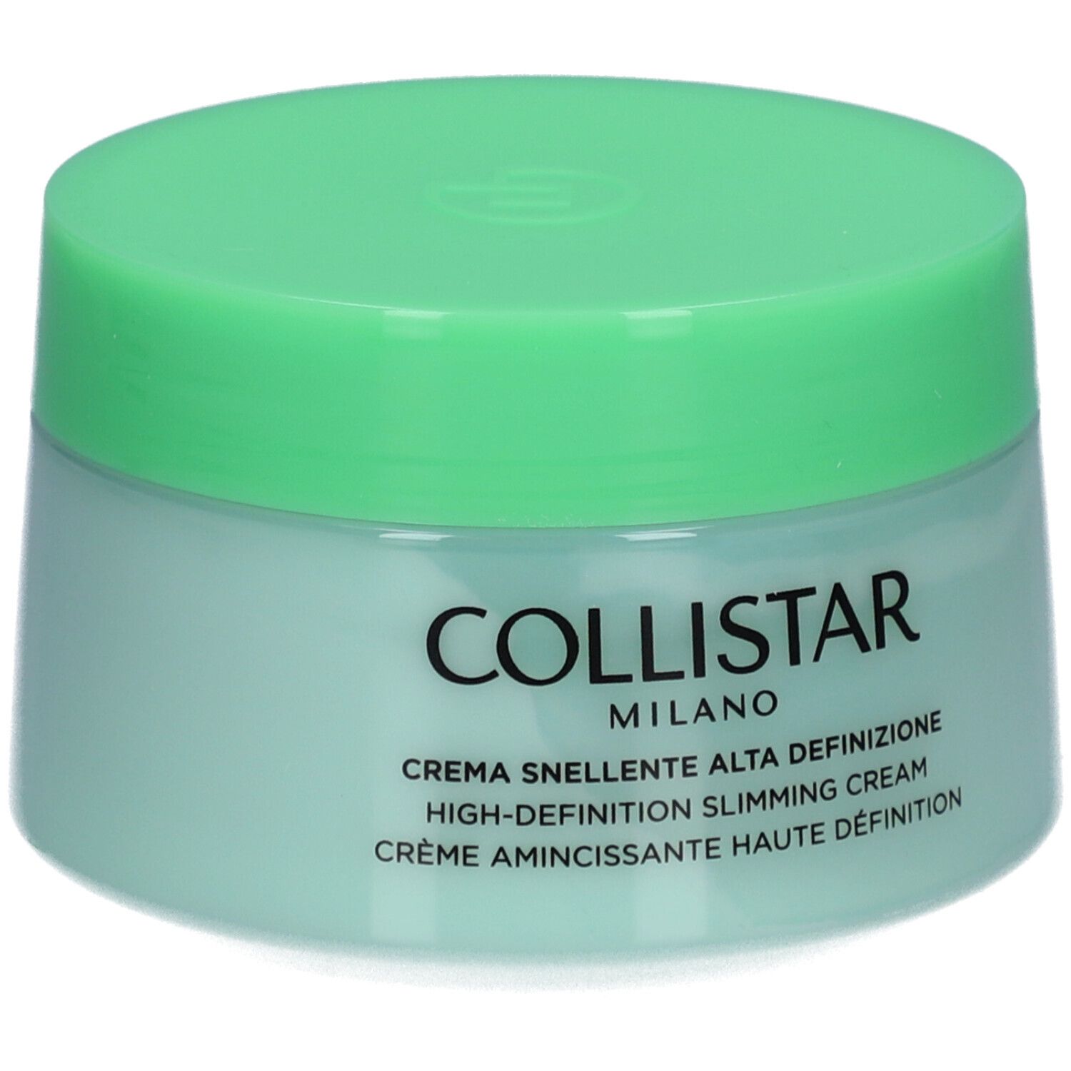 Vasetto verde chiaro con coperchio. Scritta: COLLISTAR MILANO, Crema Snellente Alta Definizione.