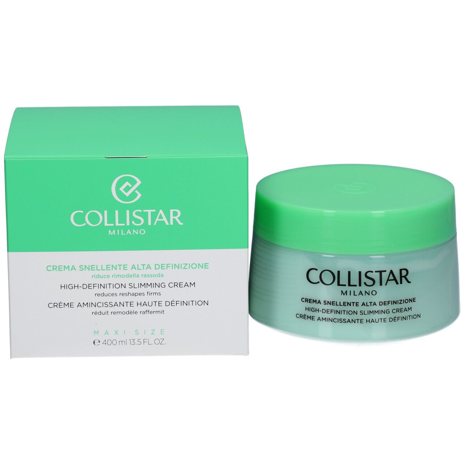 Confezione prodotto con vasetto e scatola. Scritta: COLLISTAR, Crema Snellente Alta Definizione. Volume: 400 ml.