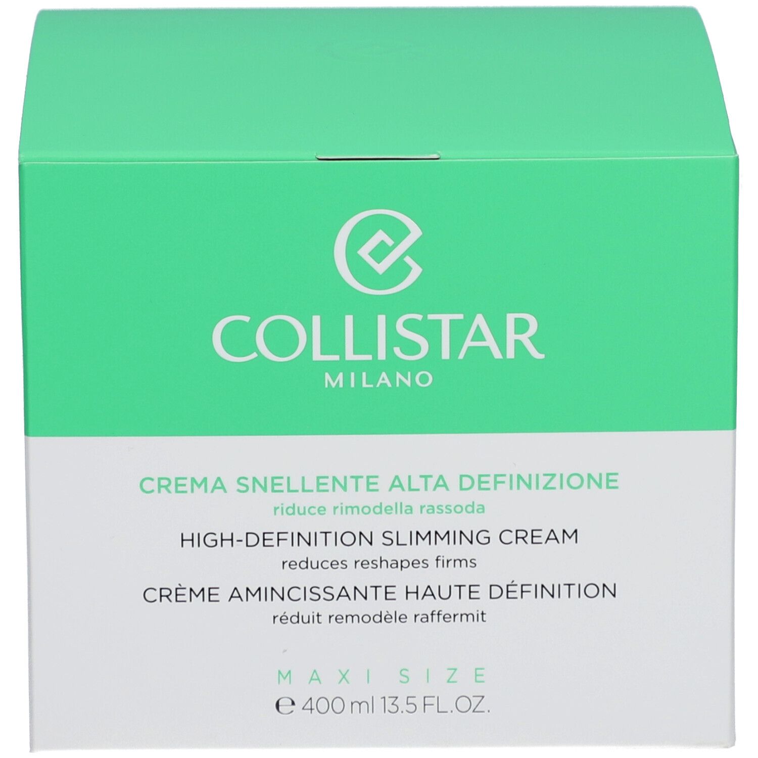 Confezione prodotto. Scritta: COLLISTAR, Crema Snellente Alta Definizione. Volume: 400 ml.