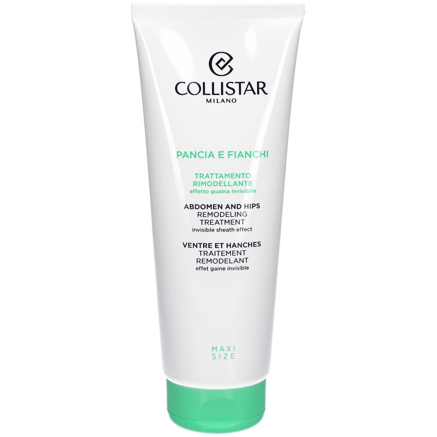 Tubo bianco e verde. Testo: Pancia e Fianchi, Trattamento Rimodelante, Abdomen and Hips Remodeling Treatment, Ventre et Hanches Traitement Remodelant.