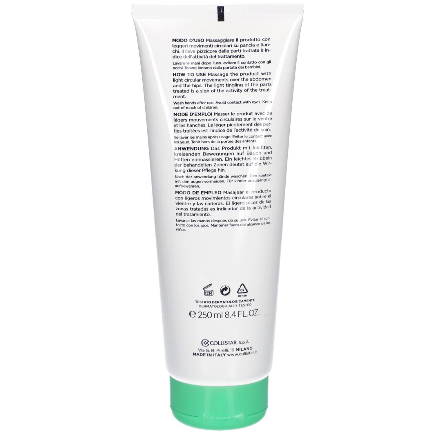 Retro di un tubo bianco con tappo verde. Testo: Modo d'Uso, How to Use, Mode d'Emploi, Anwendung, Modo de Empleo. 250 ml.