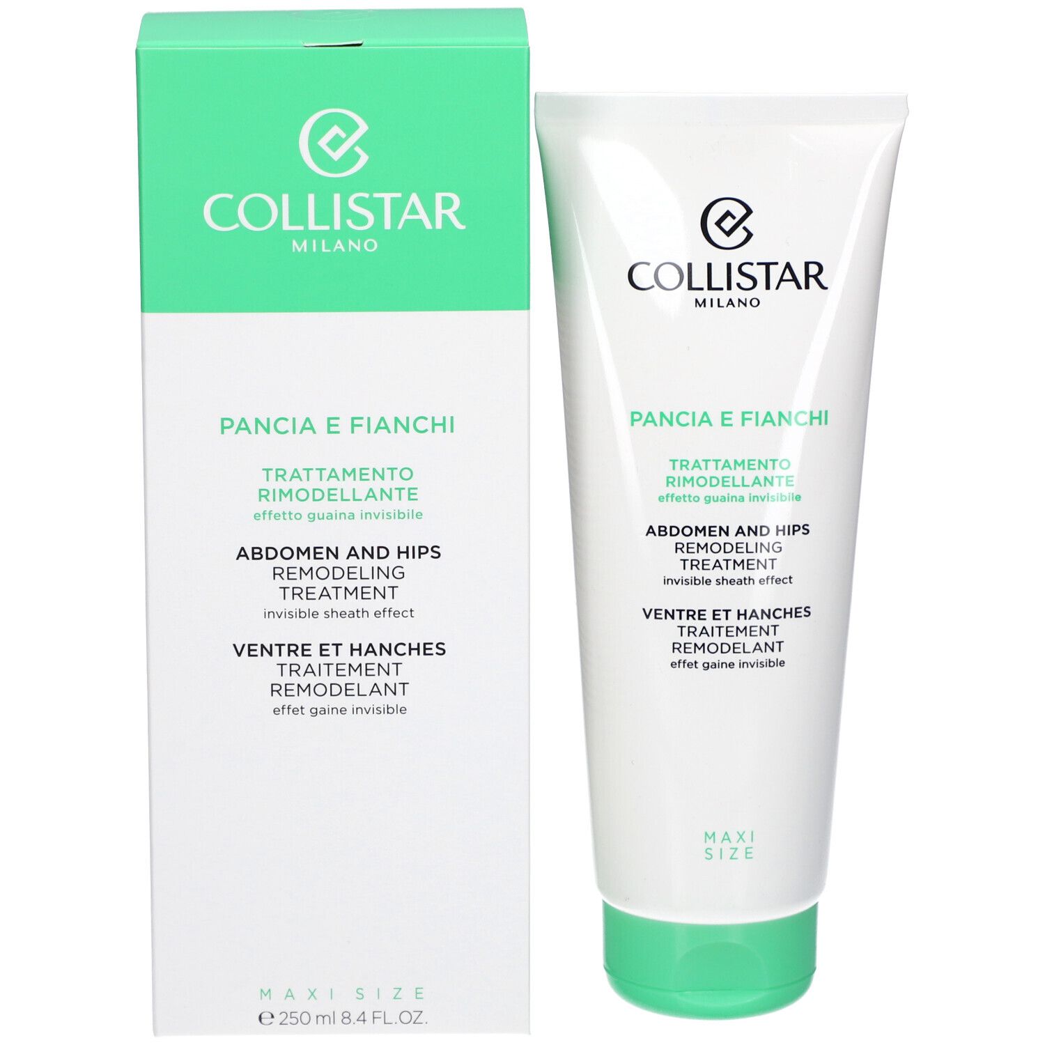 Confezione del prodotto. Tubo bianco e scatola verde. Testo: Collistar, Pancia e Fianchi, Trattamento Rimodelante, 250 ml.