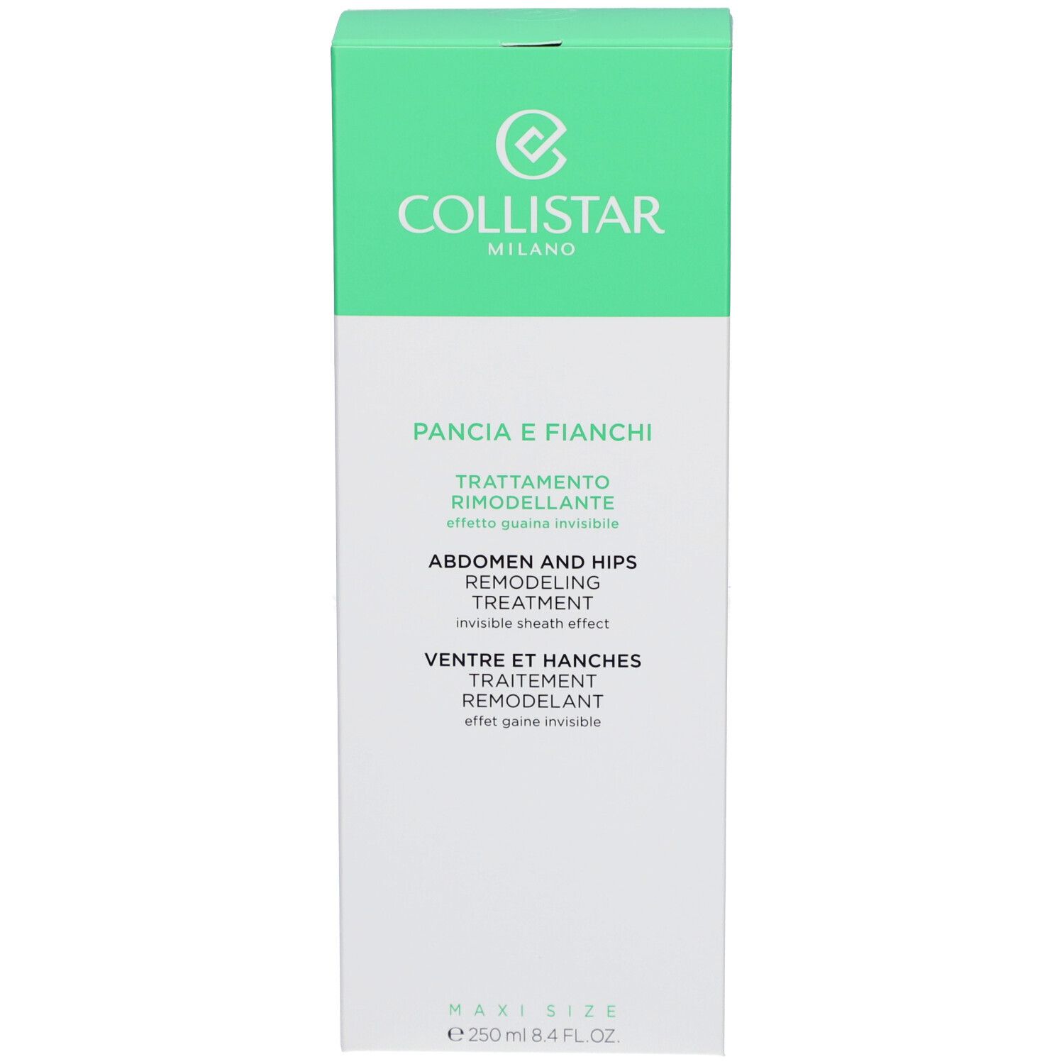 Scatola verde. Testo: Collistar, Pancia e Fianchi, Trattamento Rimodelante, Abdomen and Hips Remodeling Treatment, 250 ml.