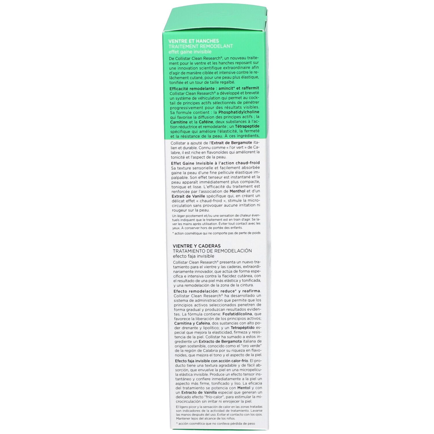 Scatola verde. Testo: Ventre et Hanches Traitement Remodelant, Abdomen and Hips Remodeling Treatment. Ingredienti.