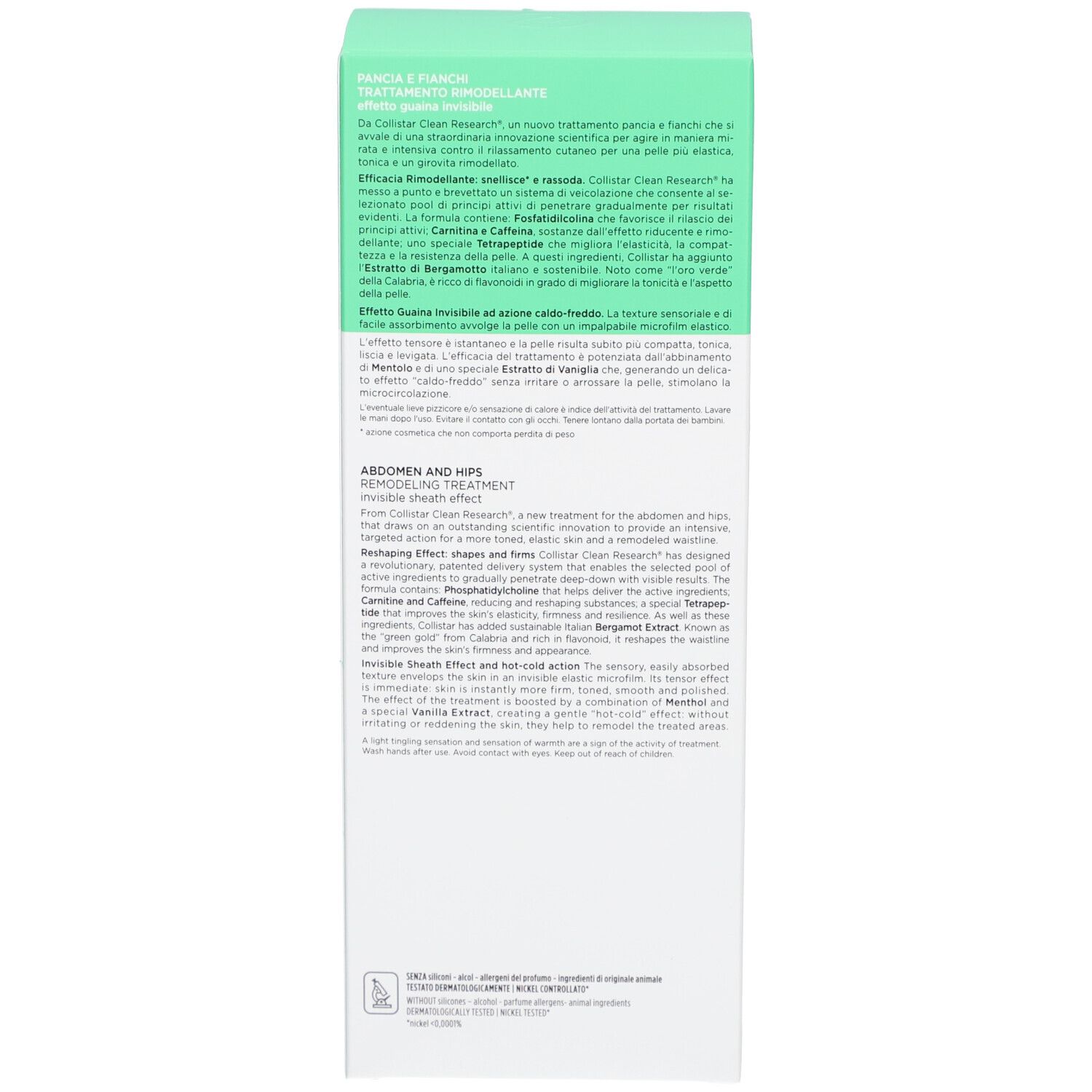 Scatola verde. Testo: Pancia e Fianchi, Trattamento Rimodelante, Abdomen and Hips Remodeling Treatment. Ingredienti.