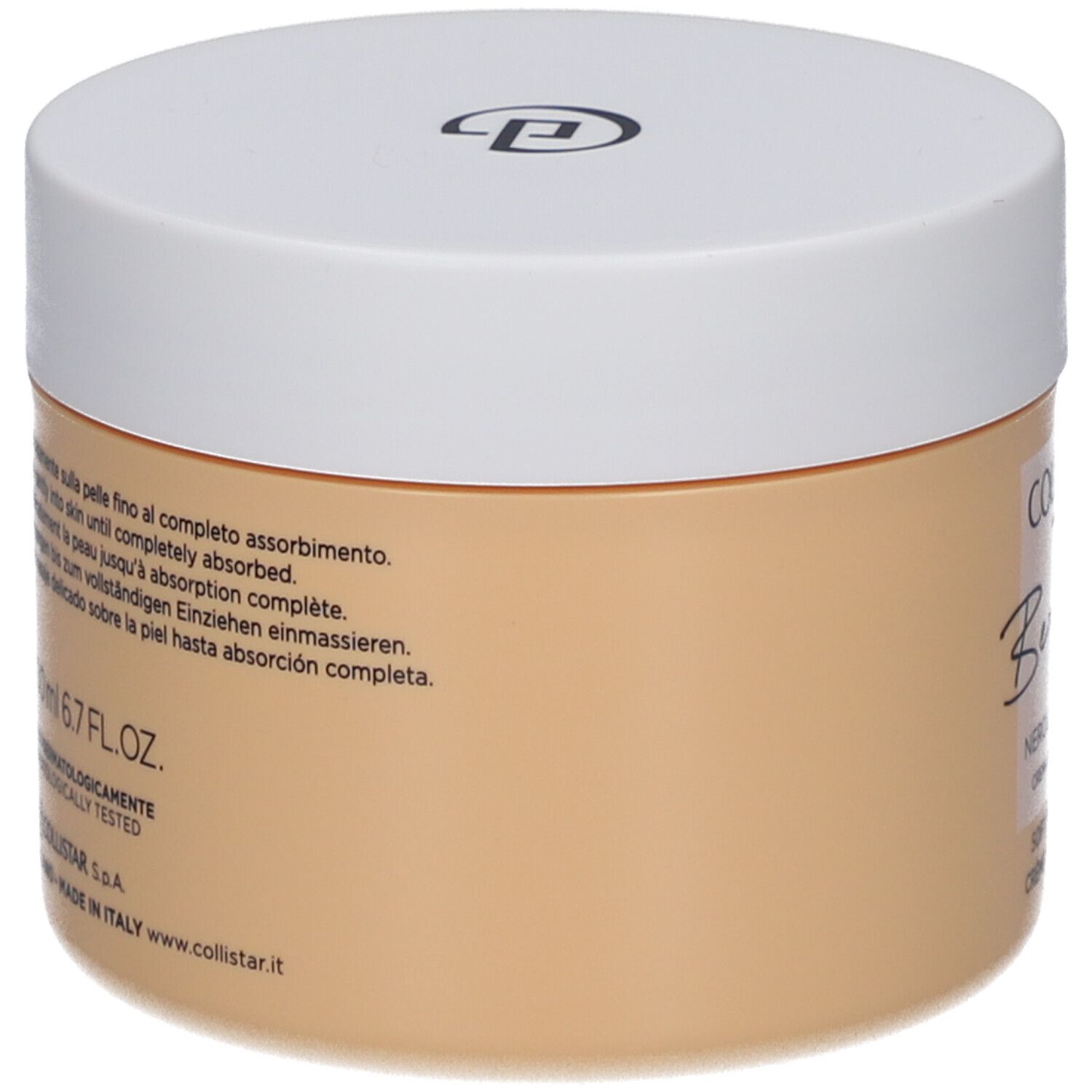 Vaso di crema beige con coperchio bianco. Scritta: Collistar, Benessere, Neroli e Elicriso, Crème Douce Corps.