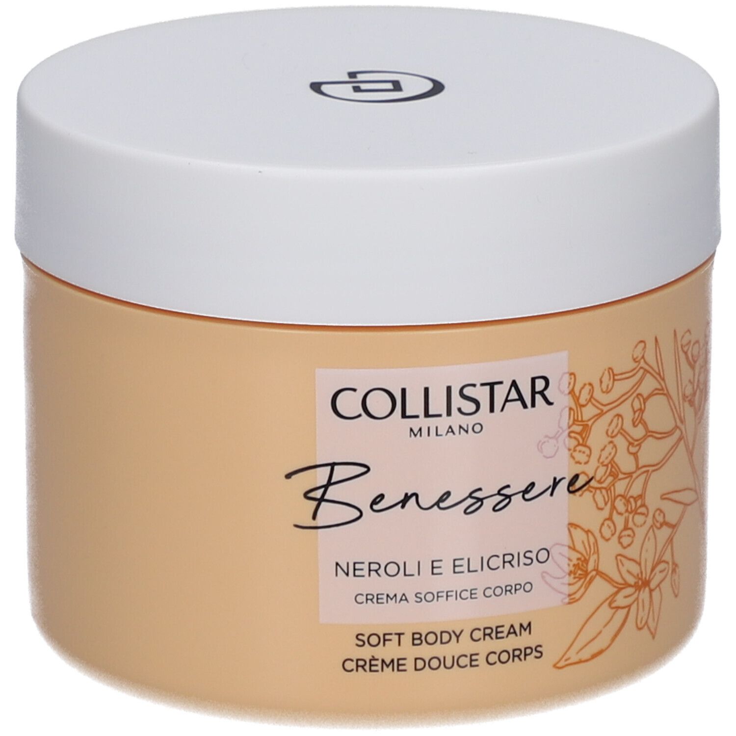 Vaso di crema beige con coperchio bianco. Scritta: Collistar, Benessere, Neroli e Elicriso, Crème Douce Corps.