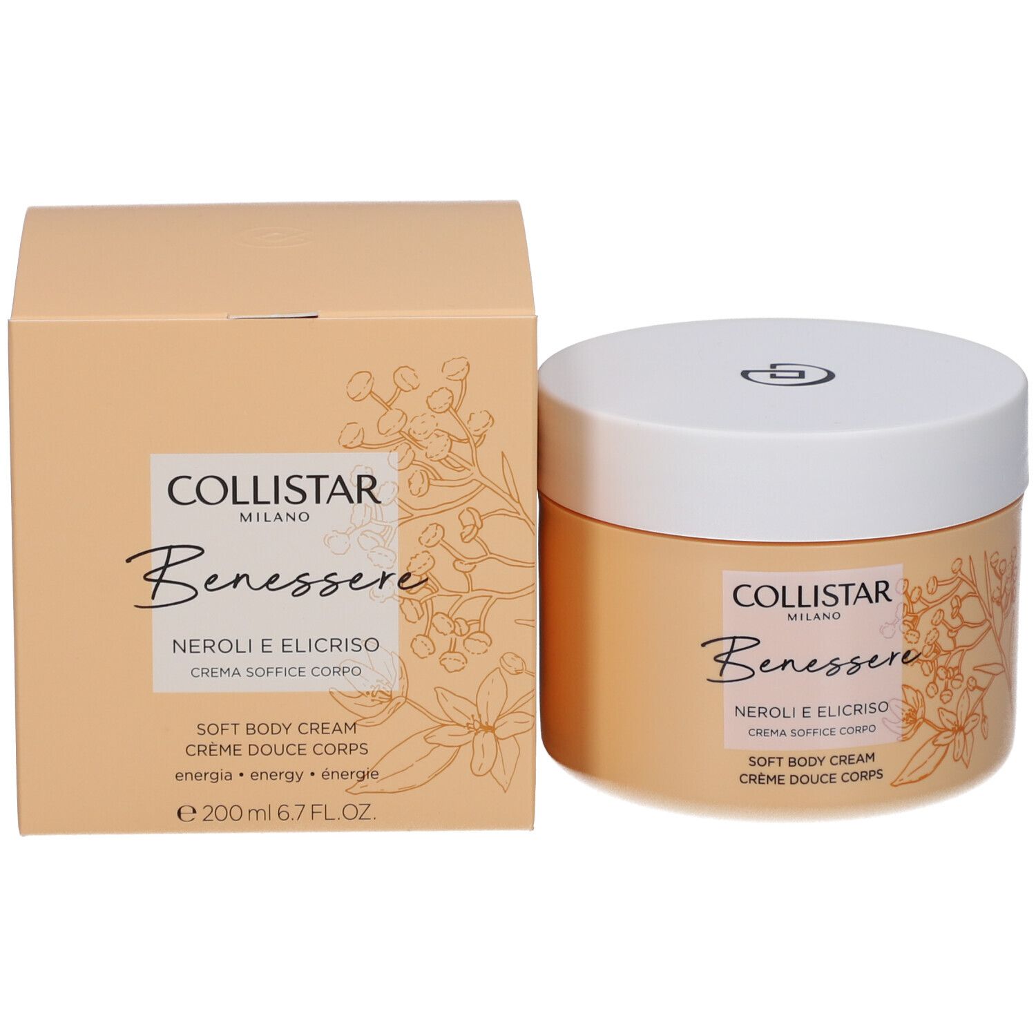 Vaso di crema e scatola. Scritta: Collistar, Benessere, Neroli e Elicriso, Crème Douce Corps. 200 ml.