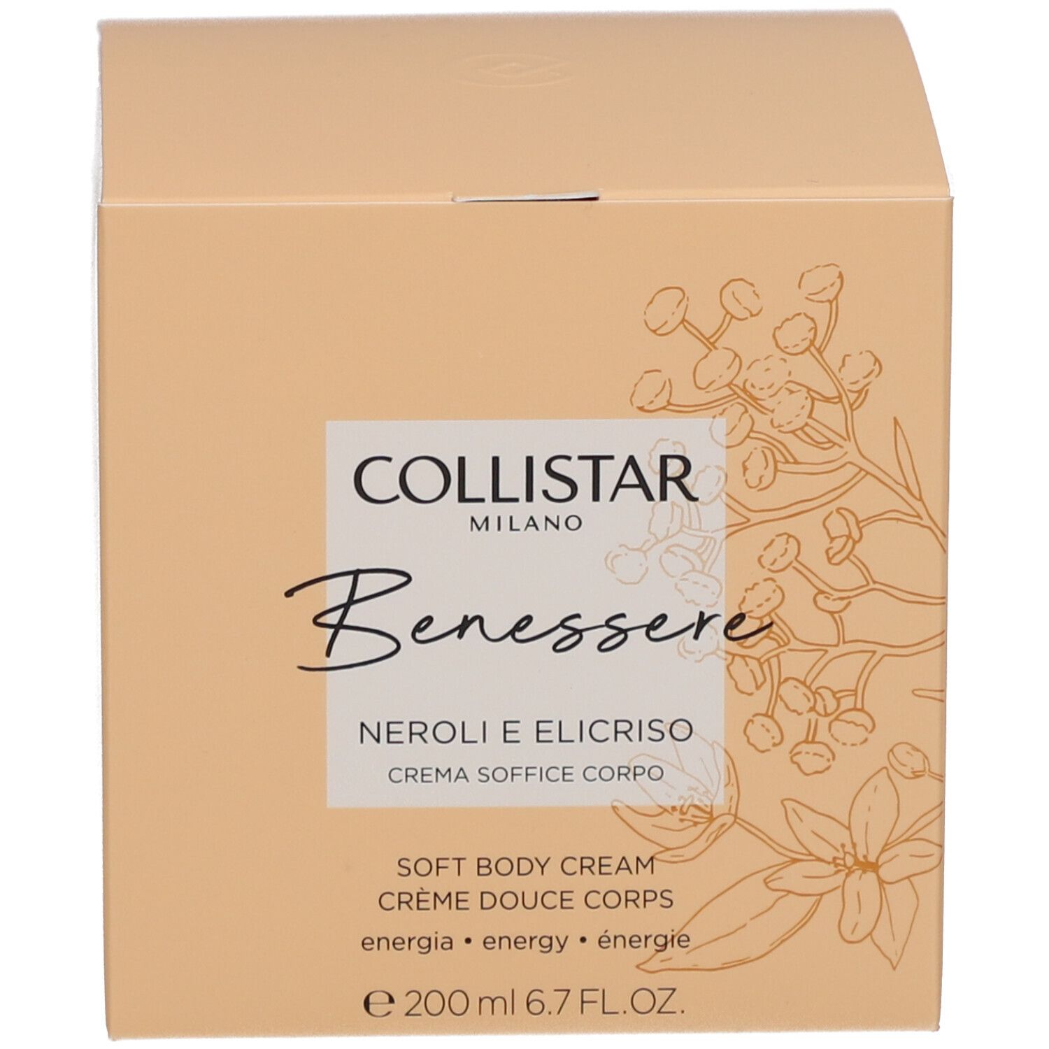 Scatola con scritta: Collistar, Benessere, Neroli e Elicriso, Crème Douce Corps. 200 ml.