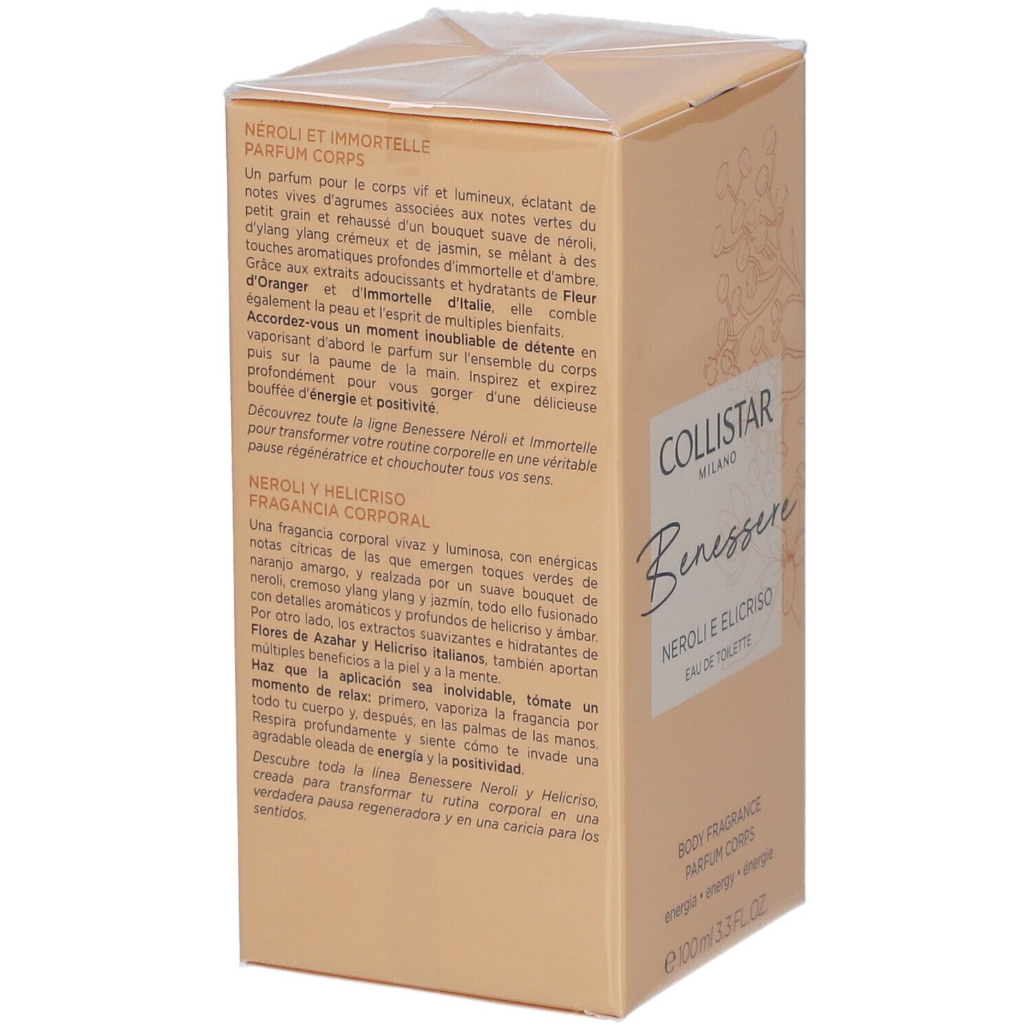 Confezione beige. Testo in italiano, francese e inglese. Scritta: Neroli e Elicriso, Eau de Toilette.