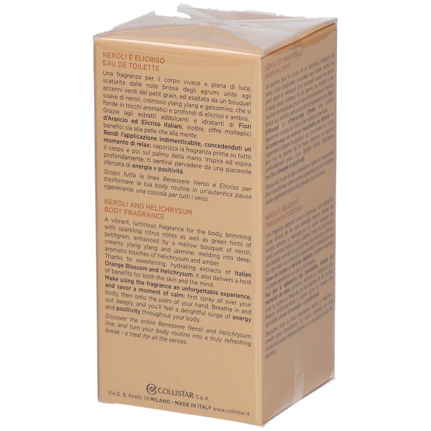 Confezione beige. Testo in italiano, francese e inglese. Scritta: Neroli e Elicriso, Eau de Toilette.