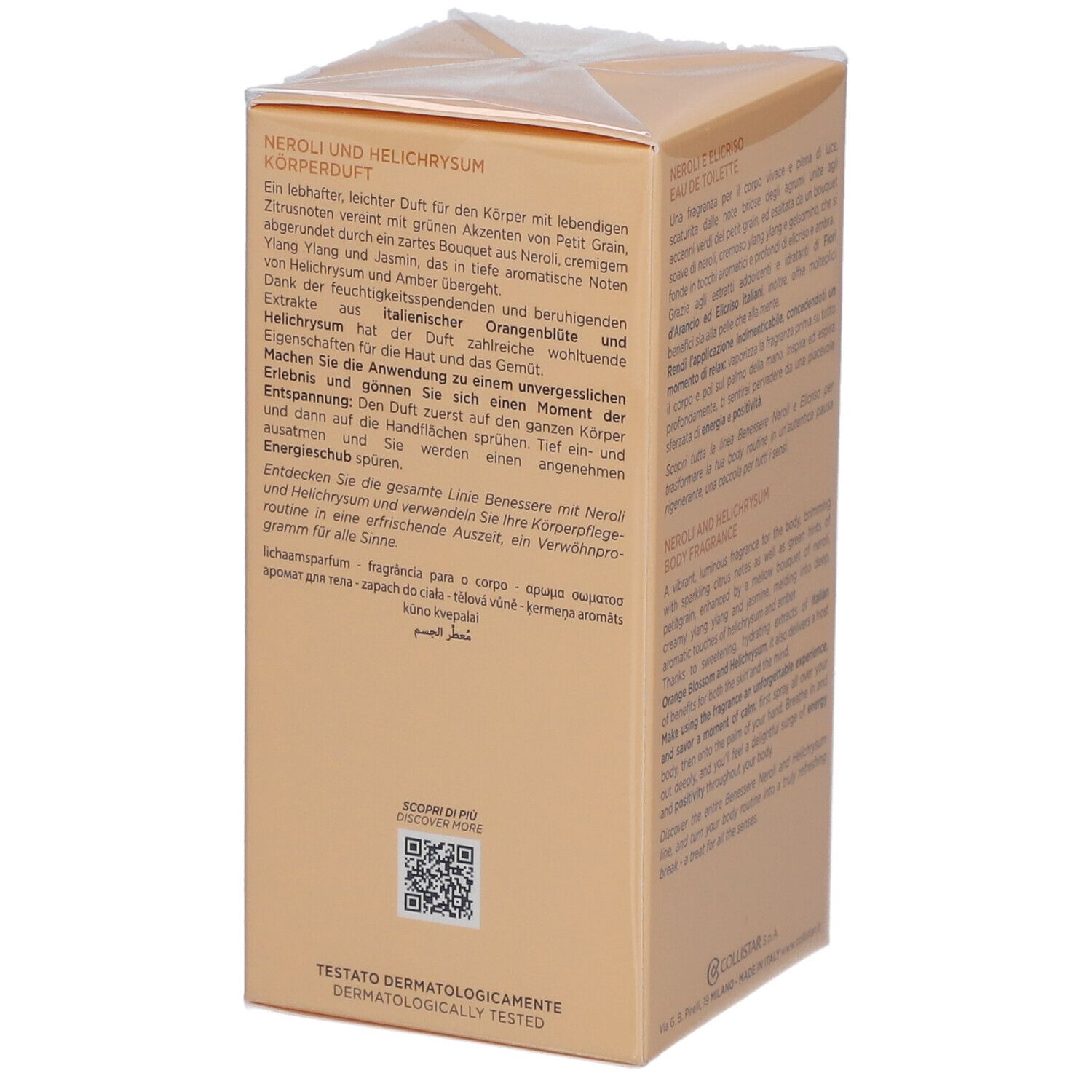 Confezione beige. Testo in italiano, francese e inglese. Scritta: Neroli e Elicriso, Eau de Toilette.