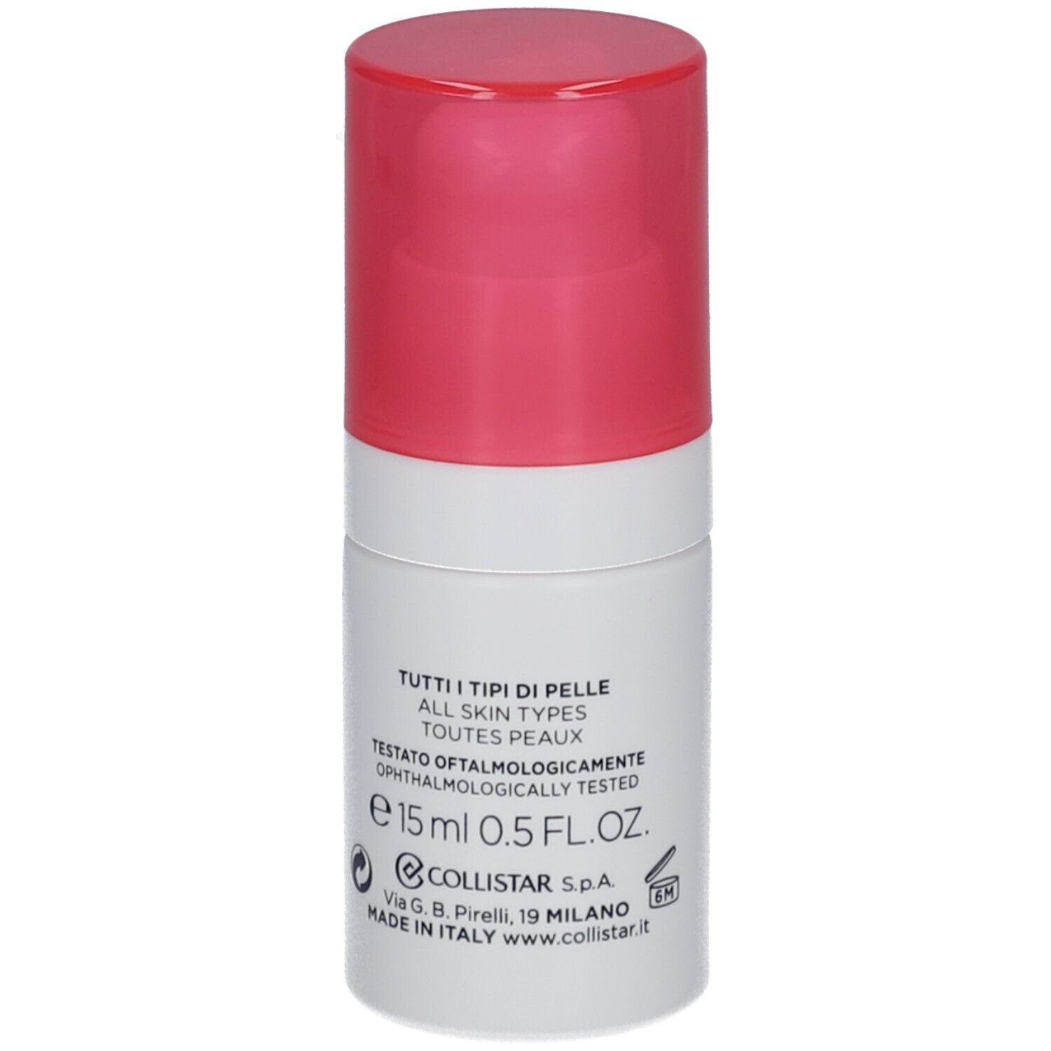 Flacone cilindrico bianco e rosa. Scritte: COLLISTAR, IDROATTIVA+, HYDRO-GEL OCCHI, EYE HYDRO-GEL, HYDRO-GEL YEUX. Testo e dimensioni.