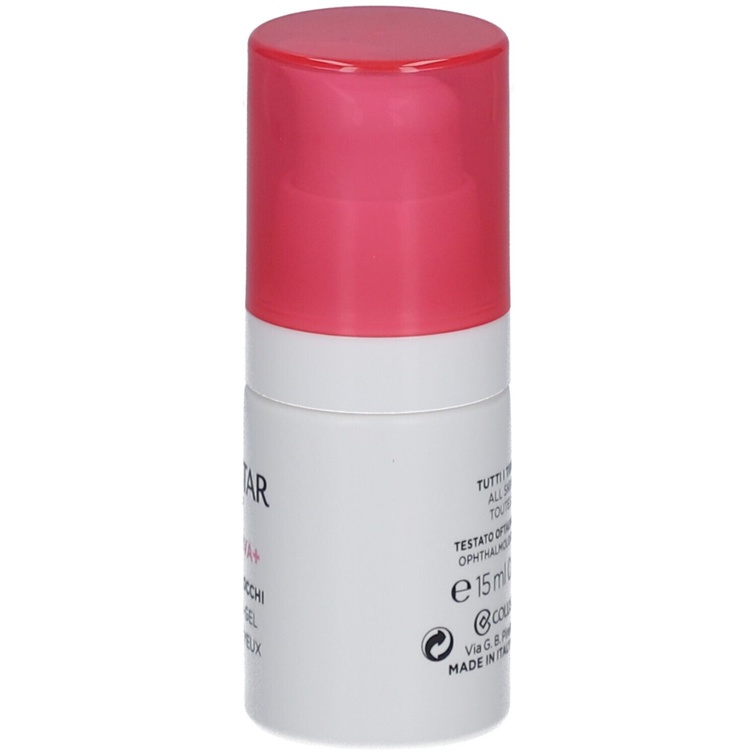 Flacone cilindrico bianco e rosa. Scritte: COLLISTAR, IDROATTIVA+, HYDRO-GEL OCCHI, EYE HYDRO-GEL, HYDRO-GEL YEUX. Vista dettagliata.