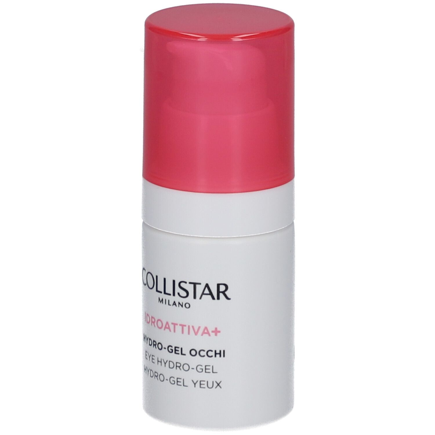 Flacone cilindrico bianco e rosa. Scritte: COLLISTAR, IDROATTIVA+, HYDRO-GEL OCCHI, EYE HYDRO-GEL, HYDRO-GEL YEUX.