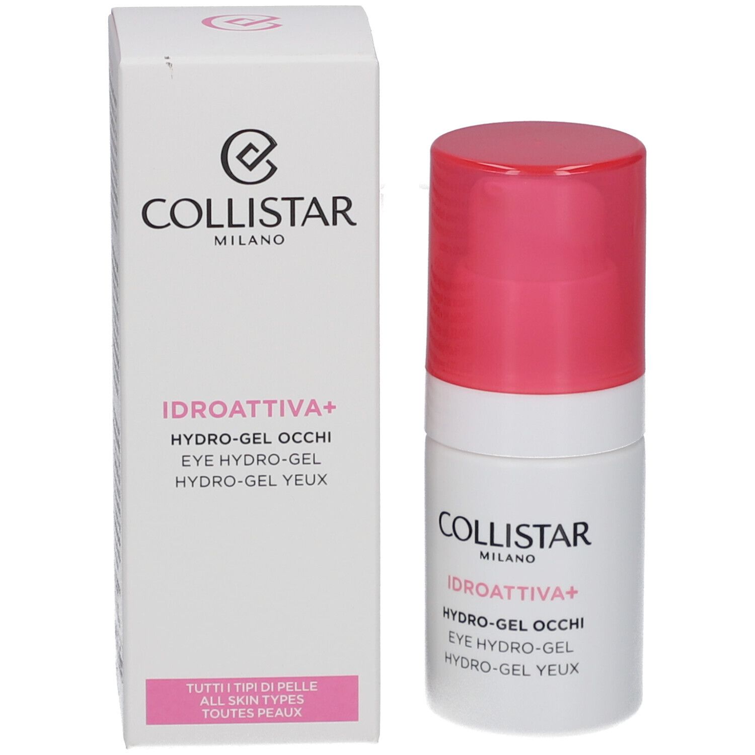 Prodotto e confezione. Flacone bianco e rosa e scatola. Scritte: COLLISTAR, IDROATTIVA+.